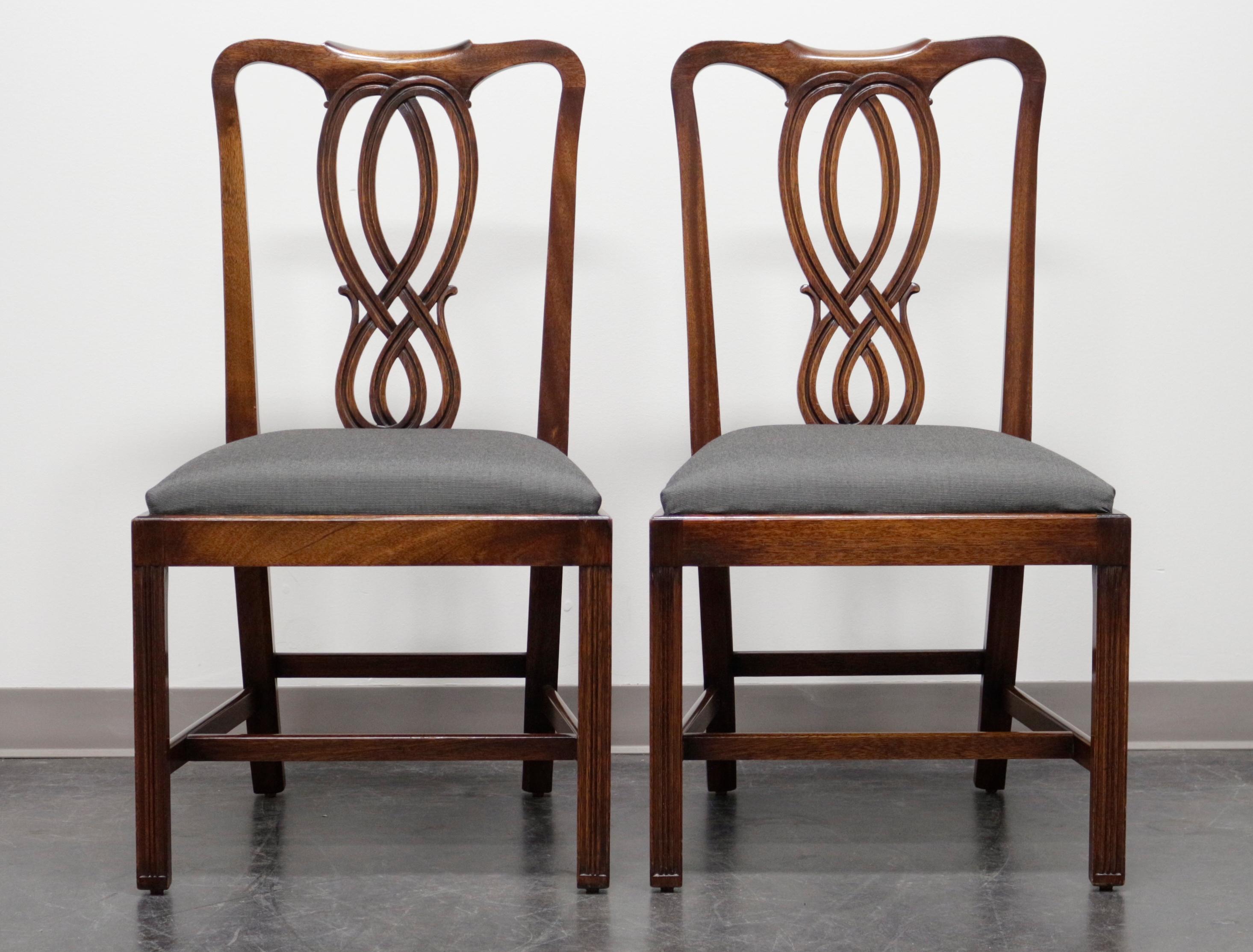 A fine pair of Georgian style dining side chairs in solid Mahogany by Bevan Funnell. Made in England in the late 20th century. Newly re-upholstered seats.

Style # 210/0215

Measures: 22 W 22.5 D 40 H, Seat: 21 W 18 D 20 H

Exceptionally good