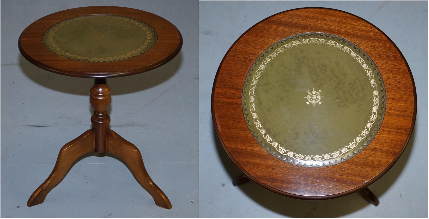 We are delighted to this lovely Bevan Funnell vintage light mahogany with green leather top lamp or side tables

A good looking well made tripod table in good, we have cleaned waxed and polished it from top to bottom, there will be normal patina