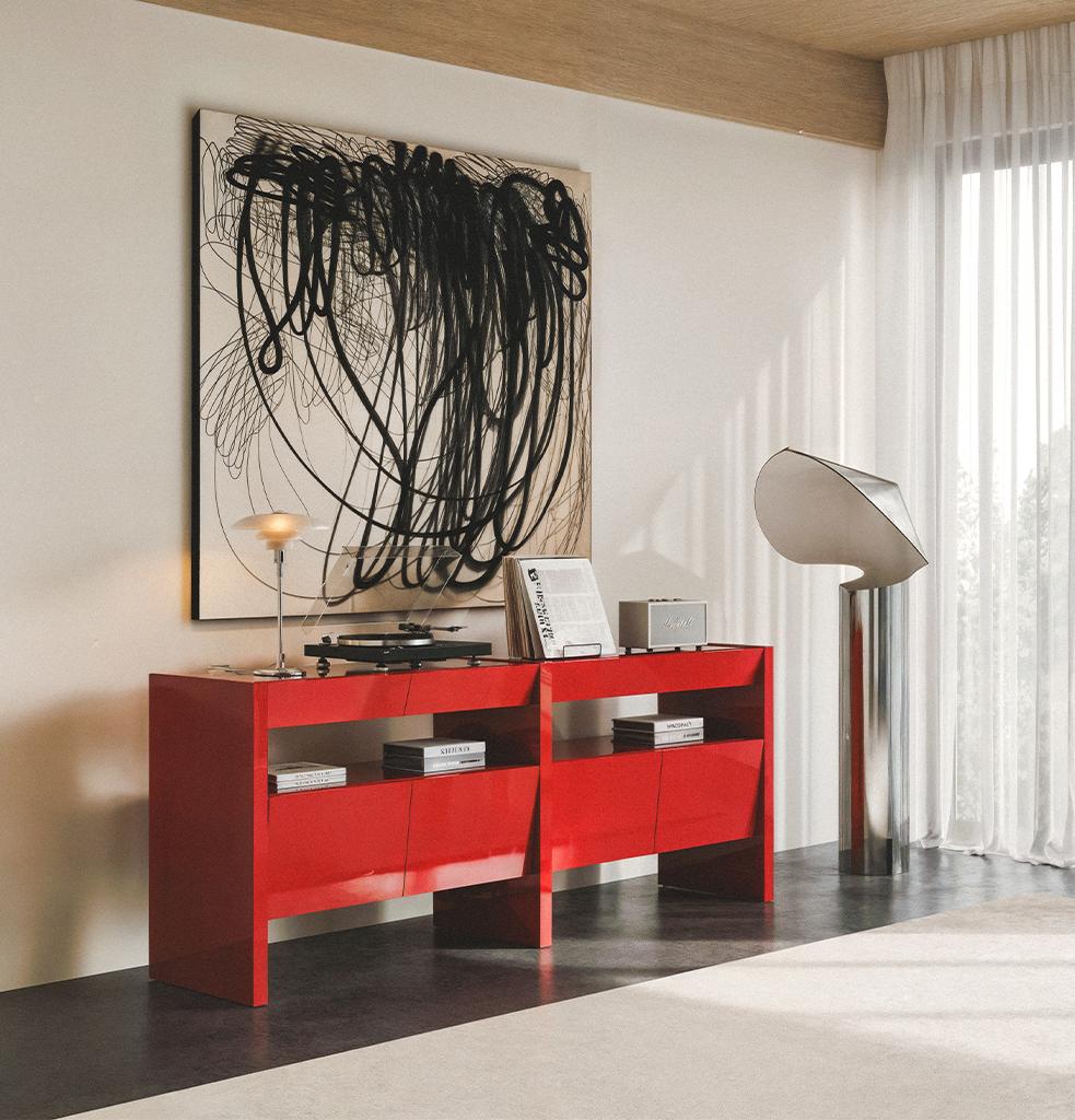 Mid-Century Modern Bevel Consol High Gloss Red by Hermhaus For Sale