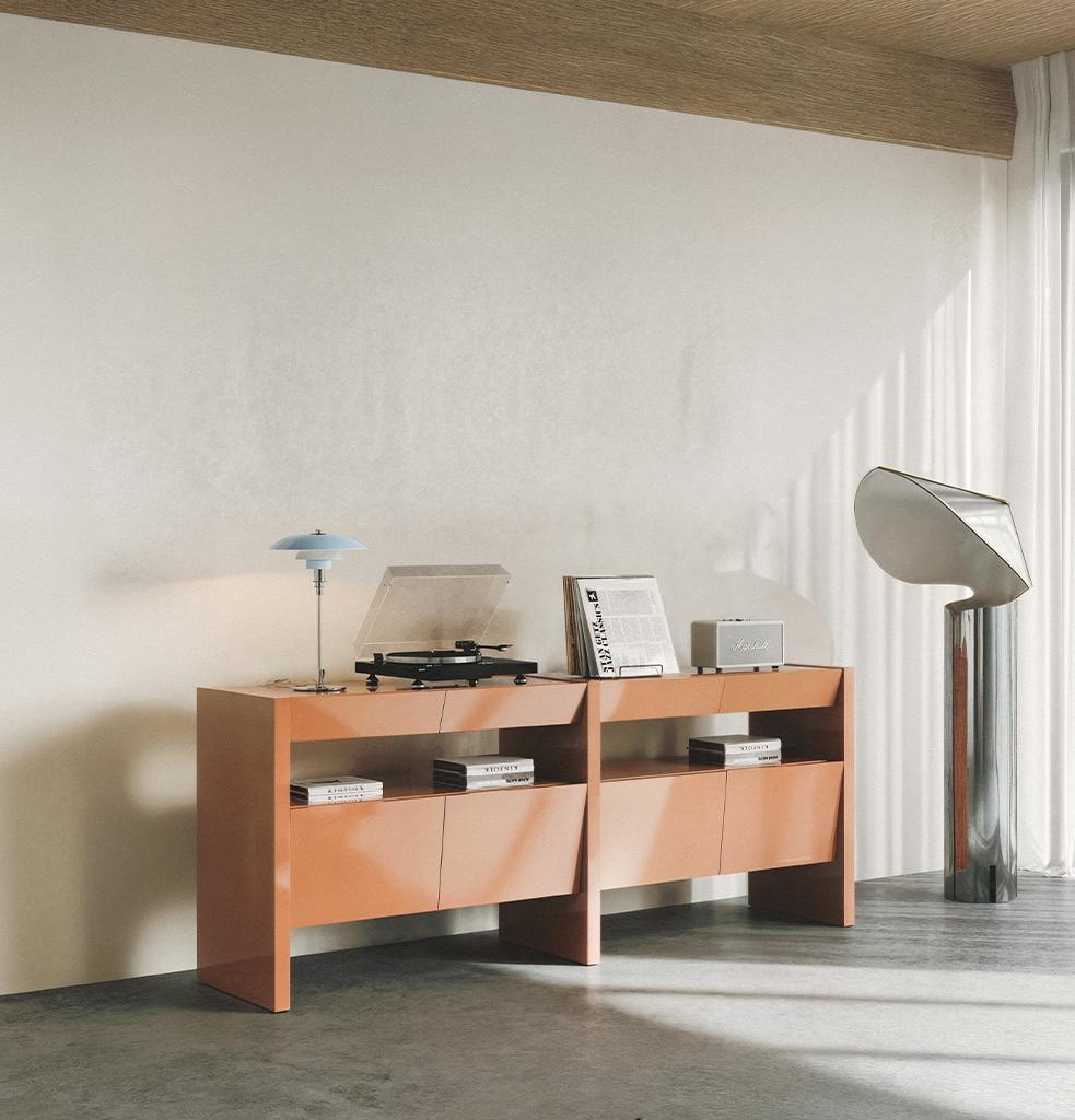 Mid-Century Modern Bevel Consol High Gloss Salmon by Hermhaus For Sale