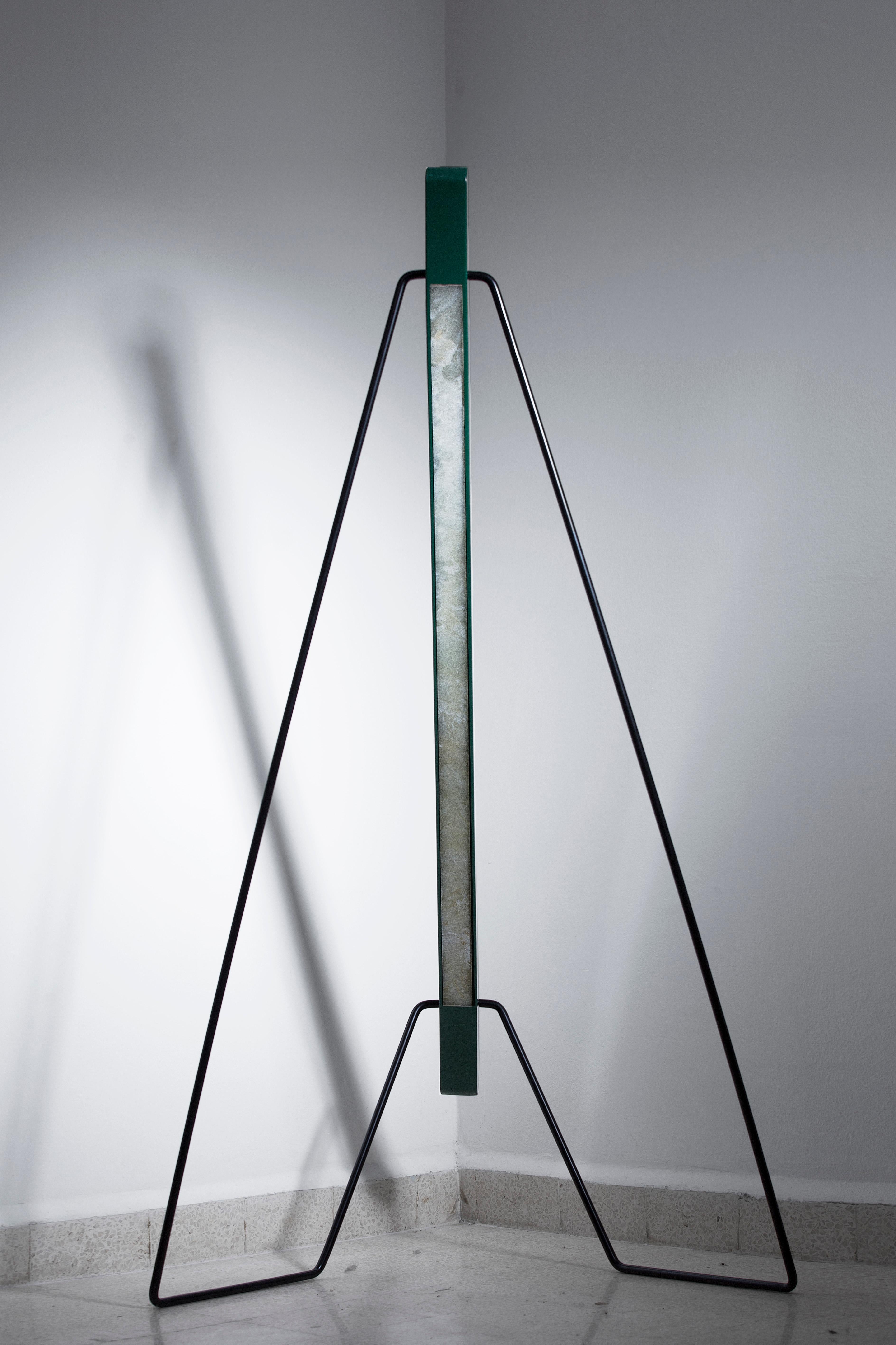 Bevel Floor Lamp by Borgi Bastormagi
Dimensions: 50 x 40 x 180 cm
Material: Steel, mirror, walnut wood

Bevel is a lighting piece that accentuates the corner condition with a linear accent light. With reflective marble,
Bevel communicates between