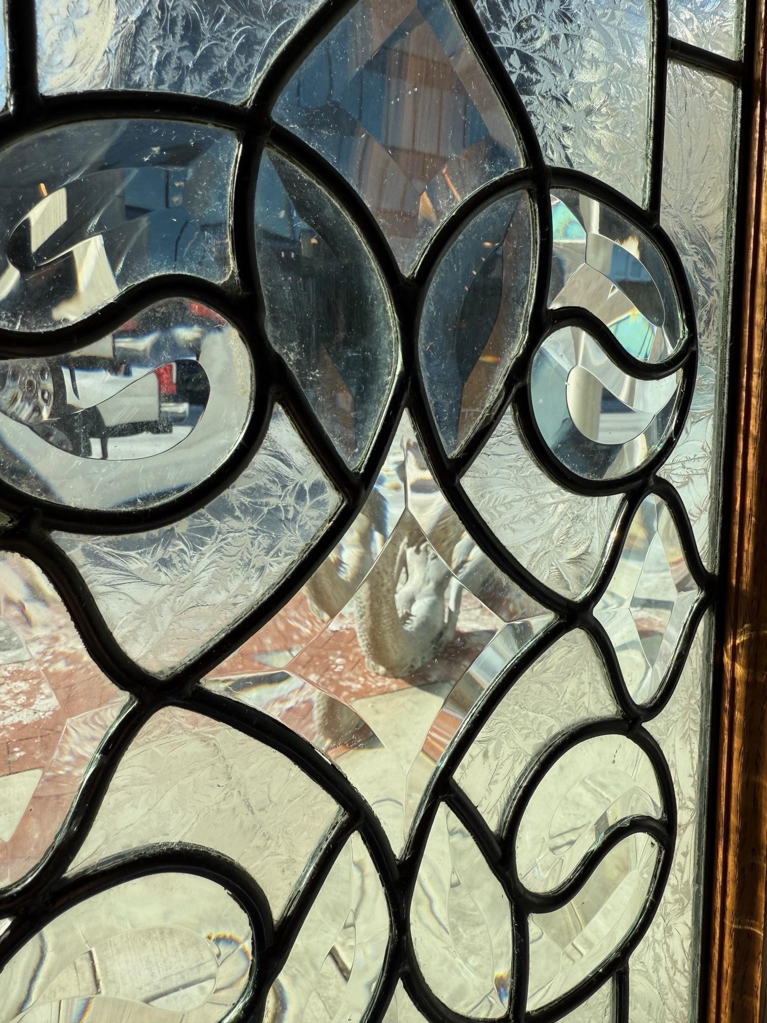 Beveled and Etched Glass Transom, 3 Panels in a Oak Frame For Sale 6