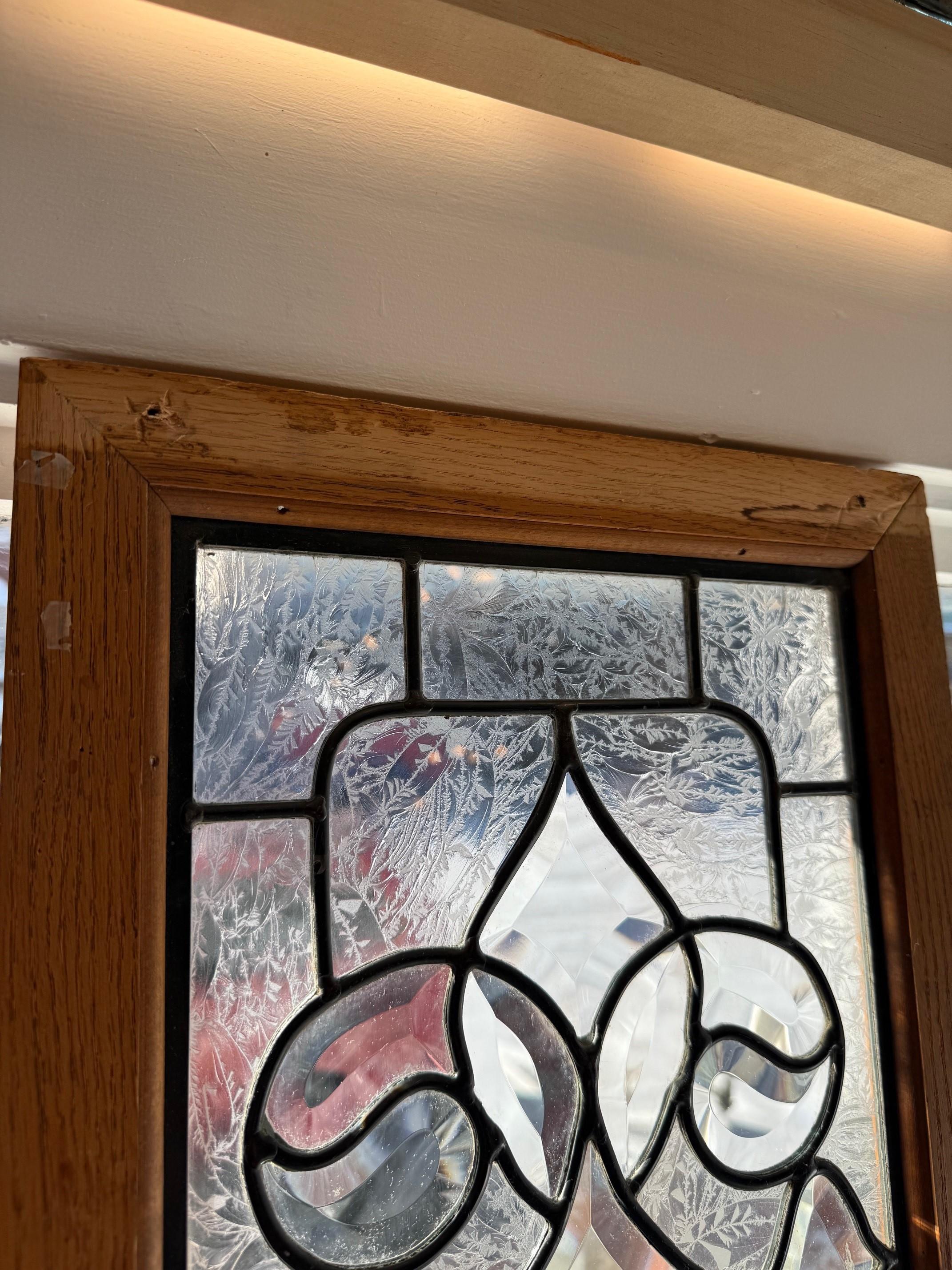 Beveled and Etched Glass Transom, 3 Panels in a Oak Frame For Sale 10