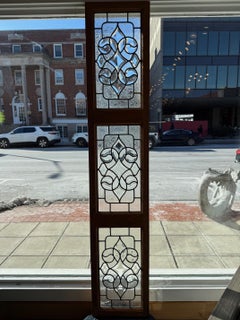 Beveled and Etched Glass Transom, 3 Panels in a Oak Frame