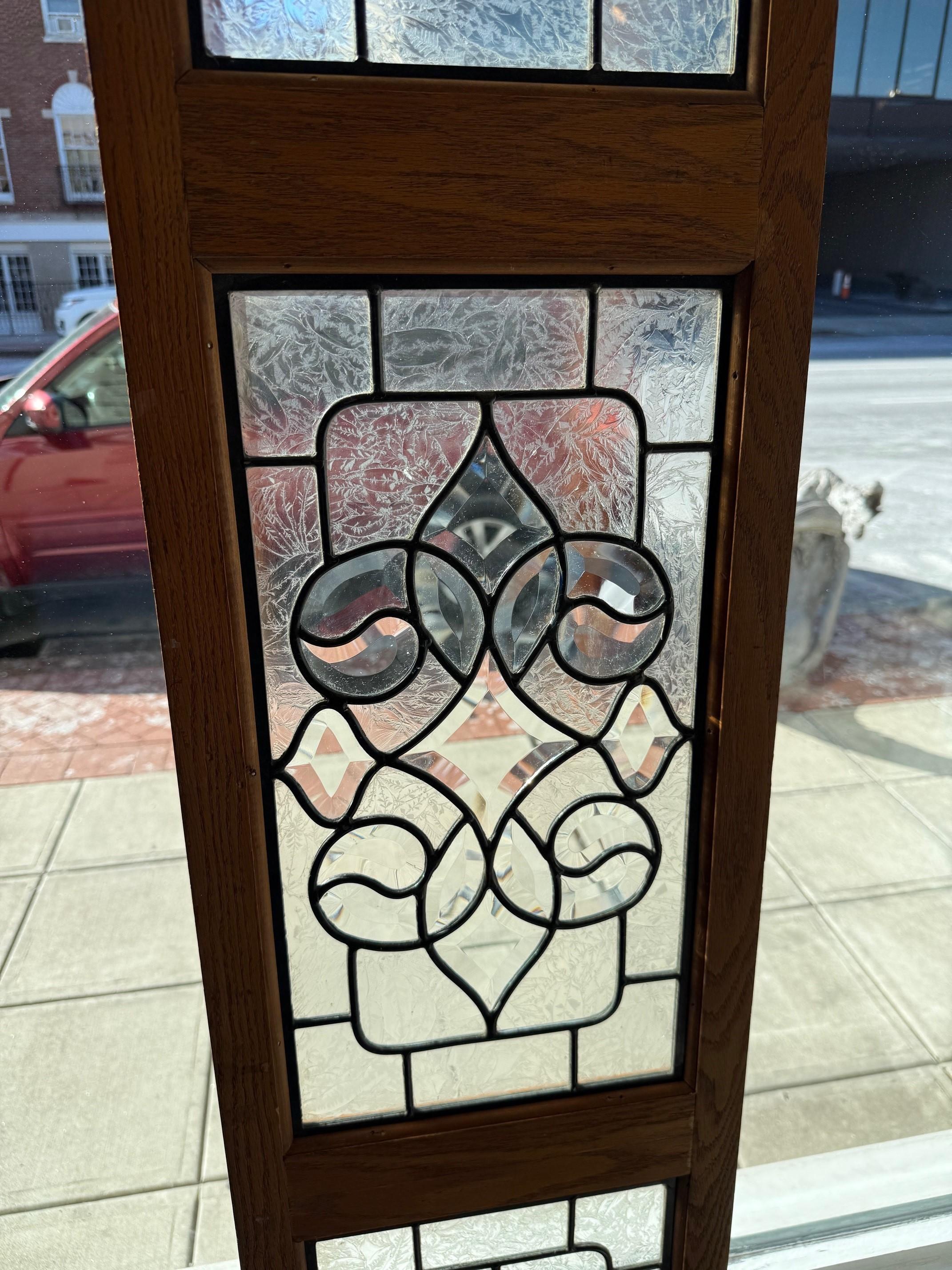 20th Century Beveled and Etched Glass Transom, 3 Panels in a Oak Frame For Sale