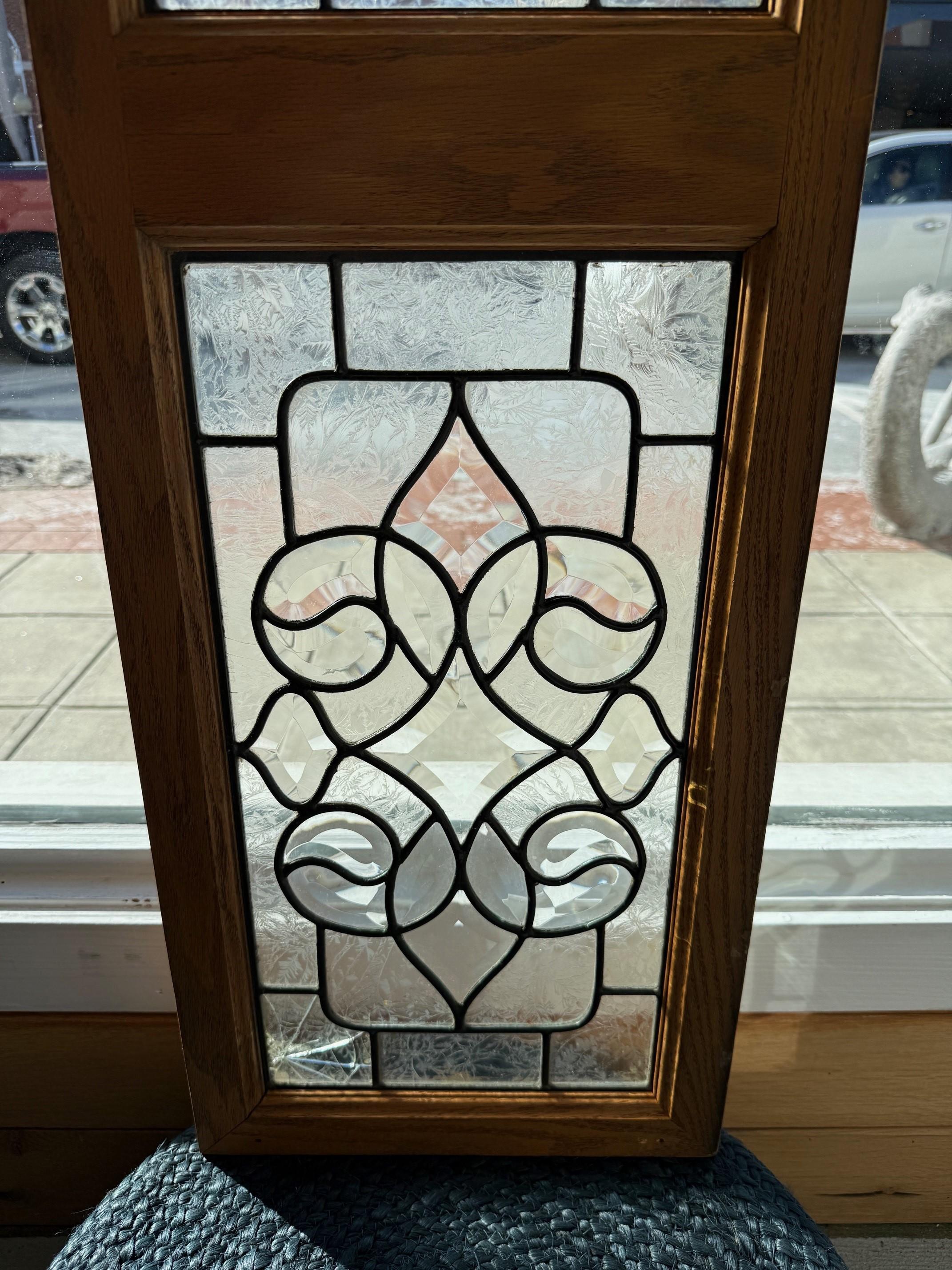 Beveled and Etched Glass Transom, 3 Panels in a Oak Frame For Sale 1