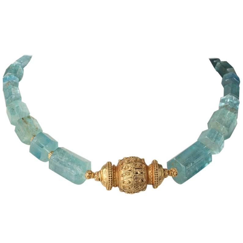 Beveled Aquamarine 22 Karat Gold Beaded Necklace by Deborah Lockhart Phillips