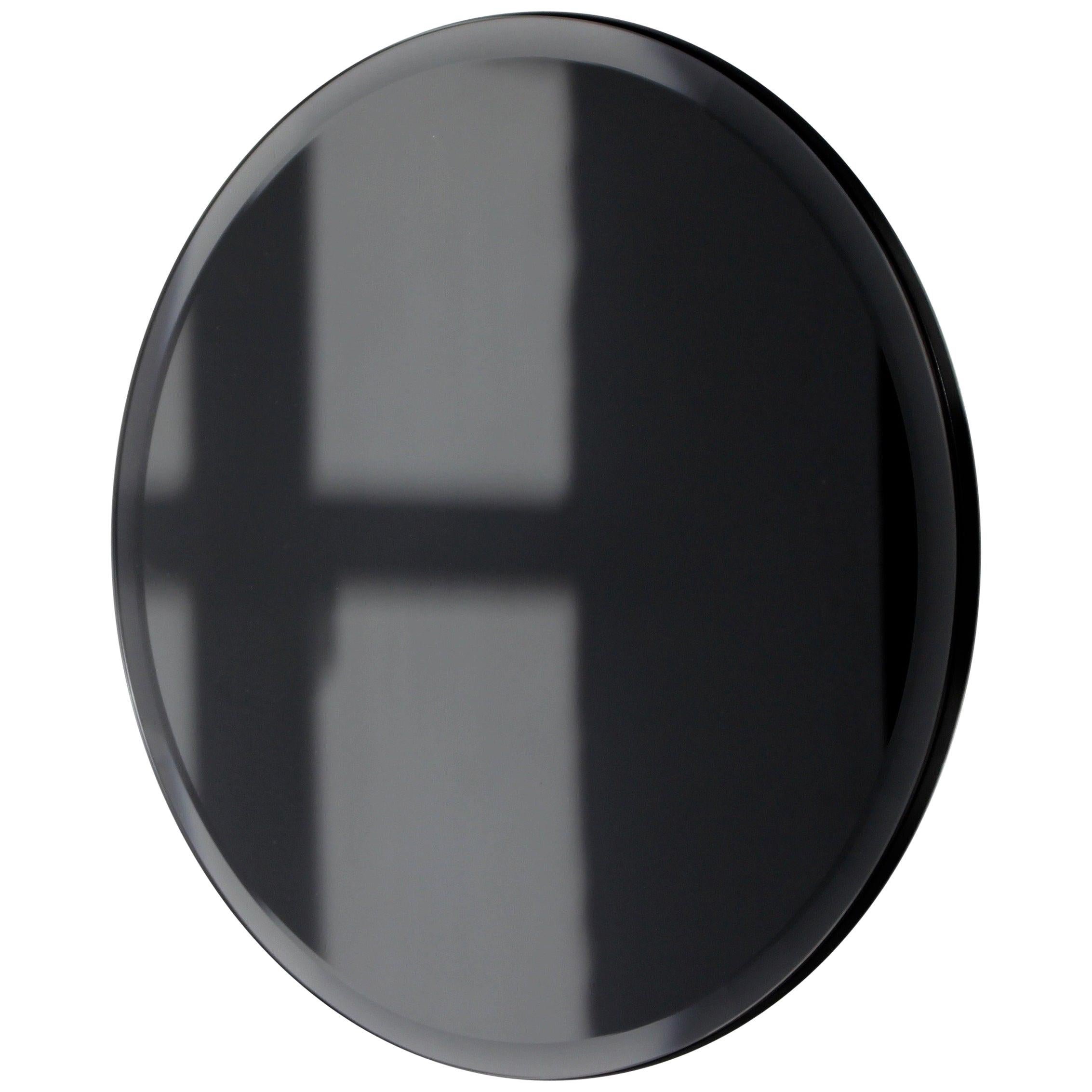 Orbis Bevelled Black Tinted Round Frameless Mirror Faux Leather Backing - Small