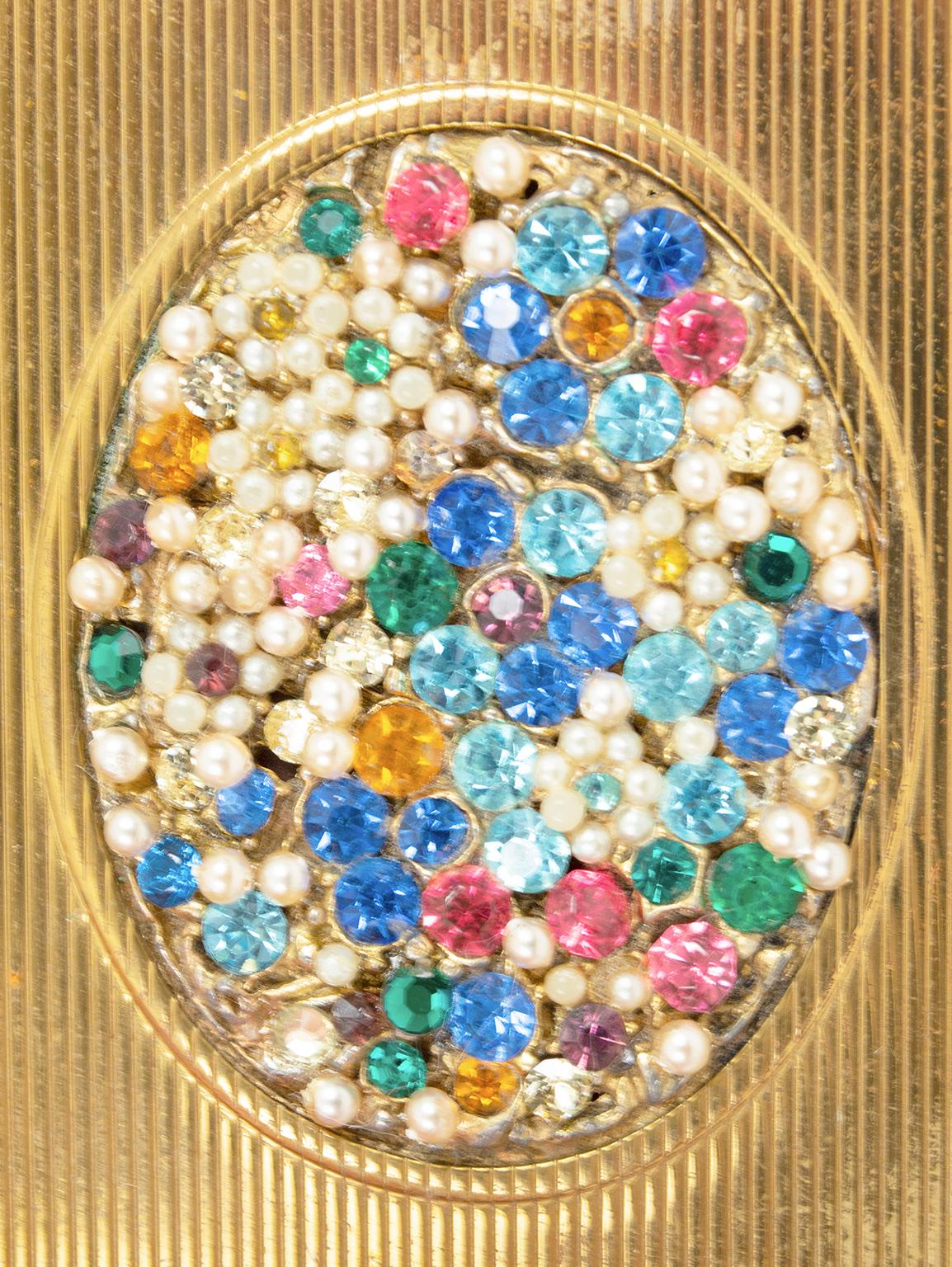 Beveled Brass Jeweled Marquis Compact with Mirror and Powder Well, 1950s In Fair Condition For Sale In Tucson, AZ