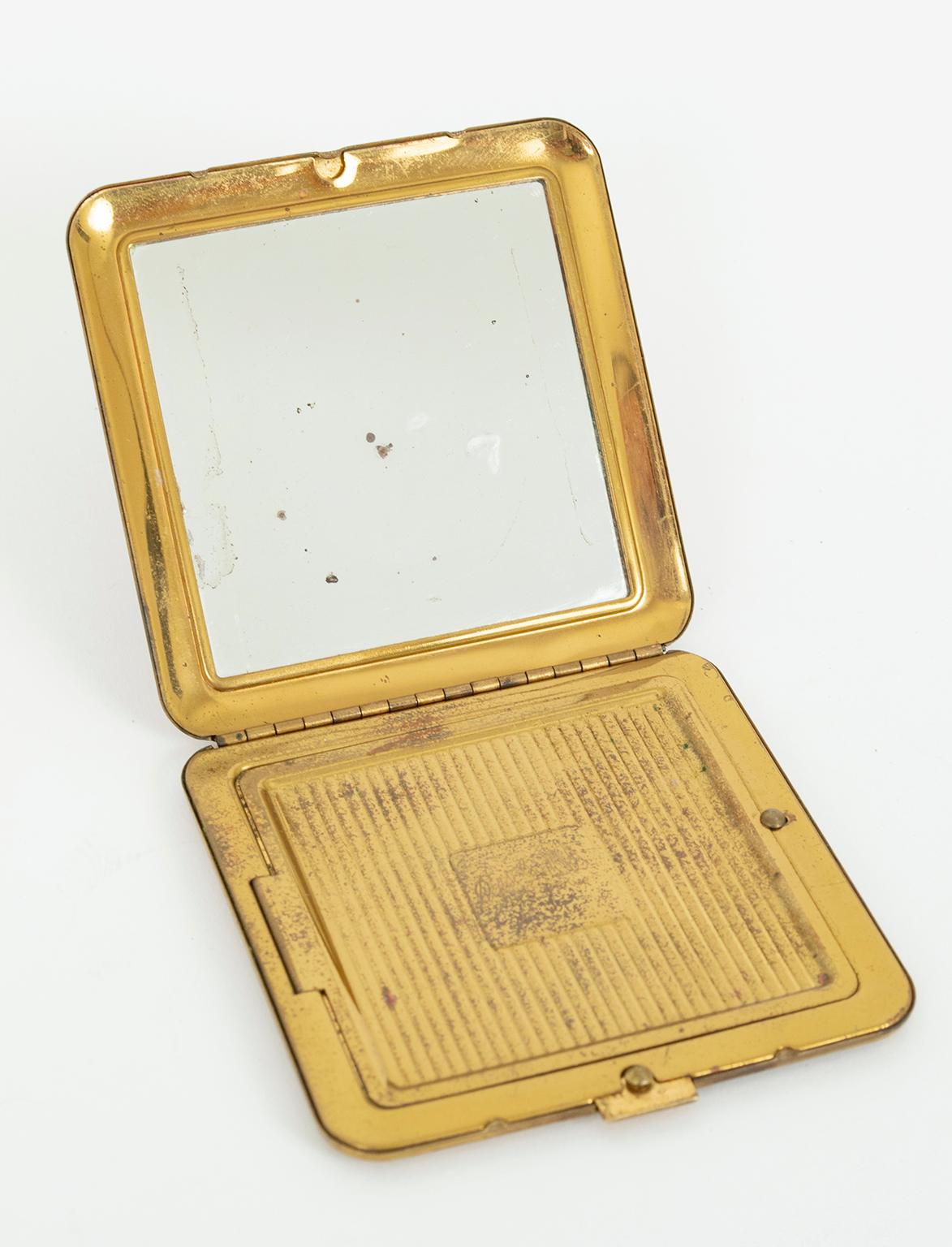 Women's Beveled Brass Jeweled Marquis Compact with Mirror and Powder Well, 1950s For Sale