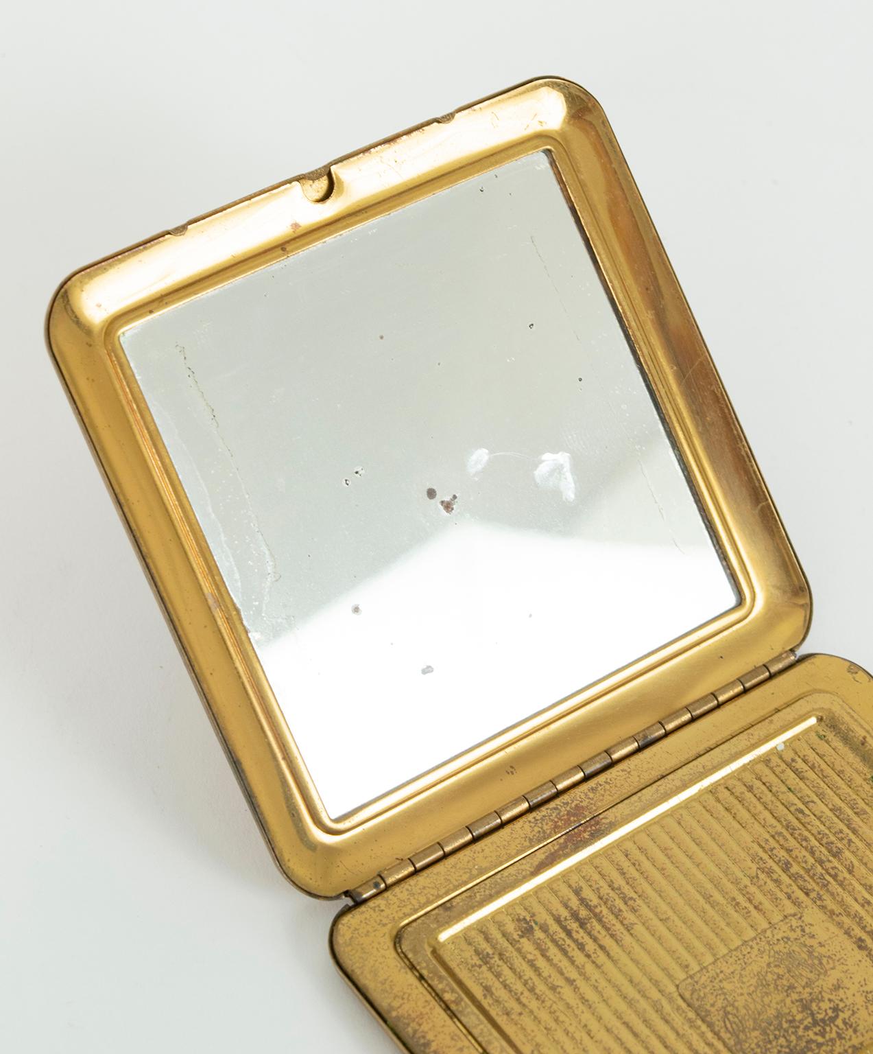 Beveled Brass Jeweled Marquis Compact with Mirror and Powder Well, 1950s For Sale 2