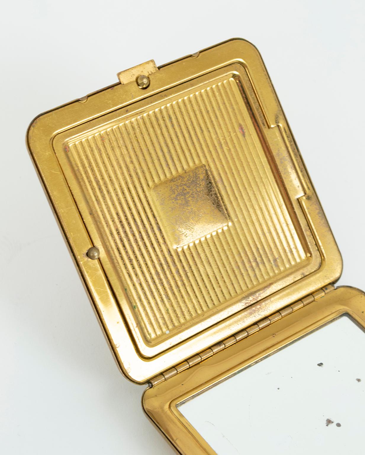 Beveled Brass Jeweled Marquis Compact with Mirror and Powder Well, 1950s For Sale 3