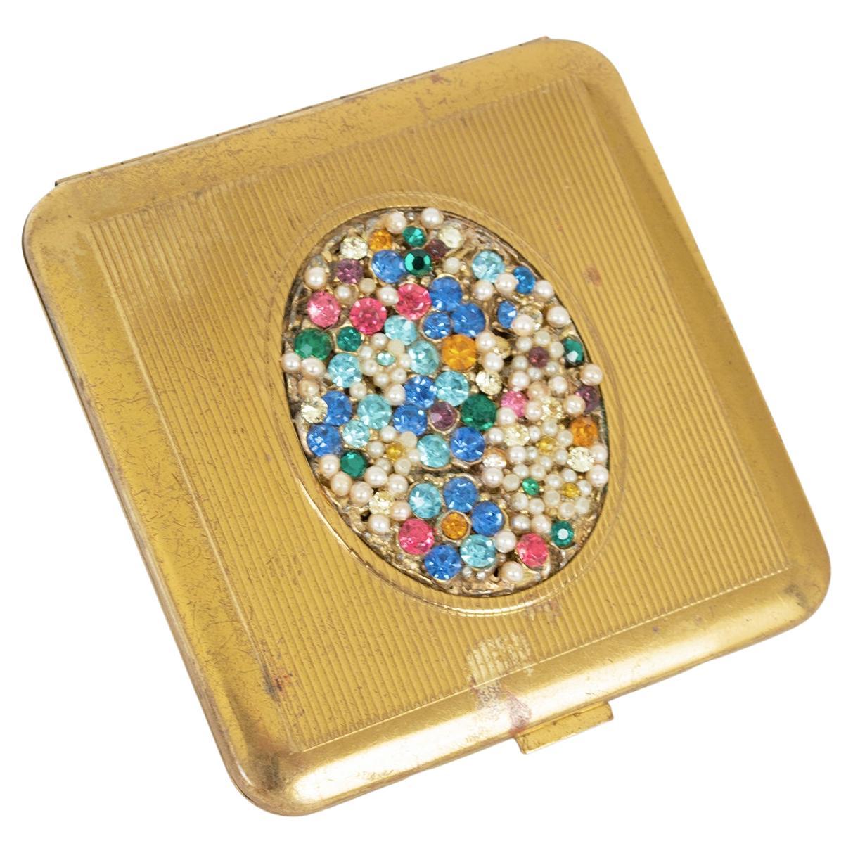 Beveled Brass Jeweled Marquis Compact with Mirror and Powder Well, 1950s For Sale