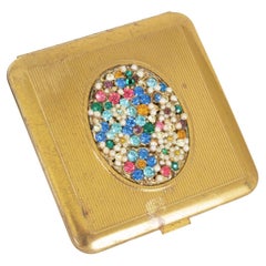Beveled Brass Jeweled Marquis Compact with Mirror and Powder Well, 1950s