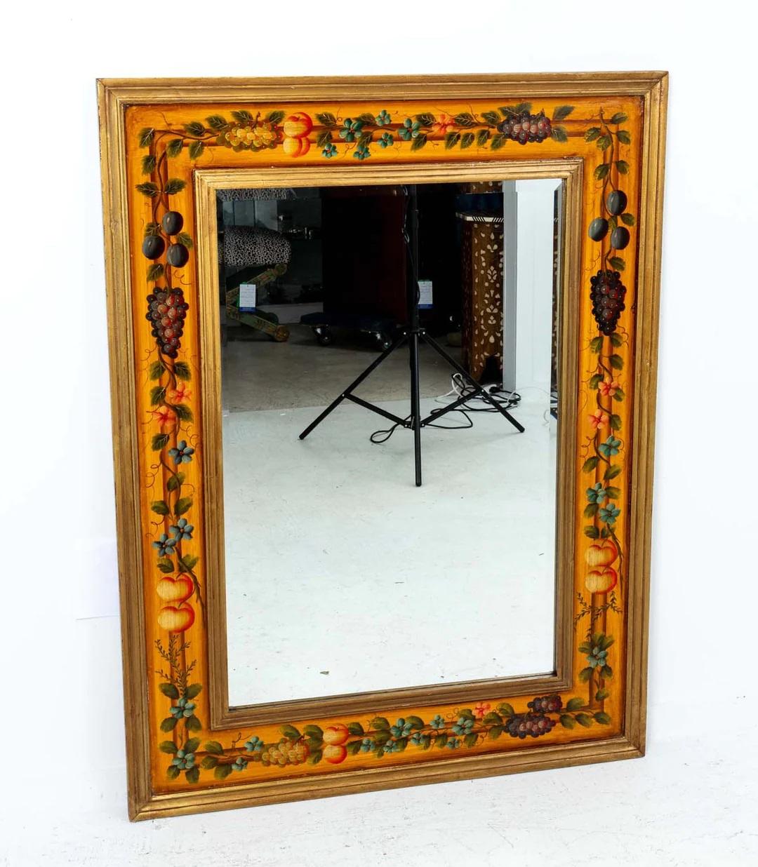 Beveled Fruit Motif Mirror. Can be hung both vertical or horizontal from wires on back. Good overall condition.