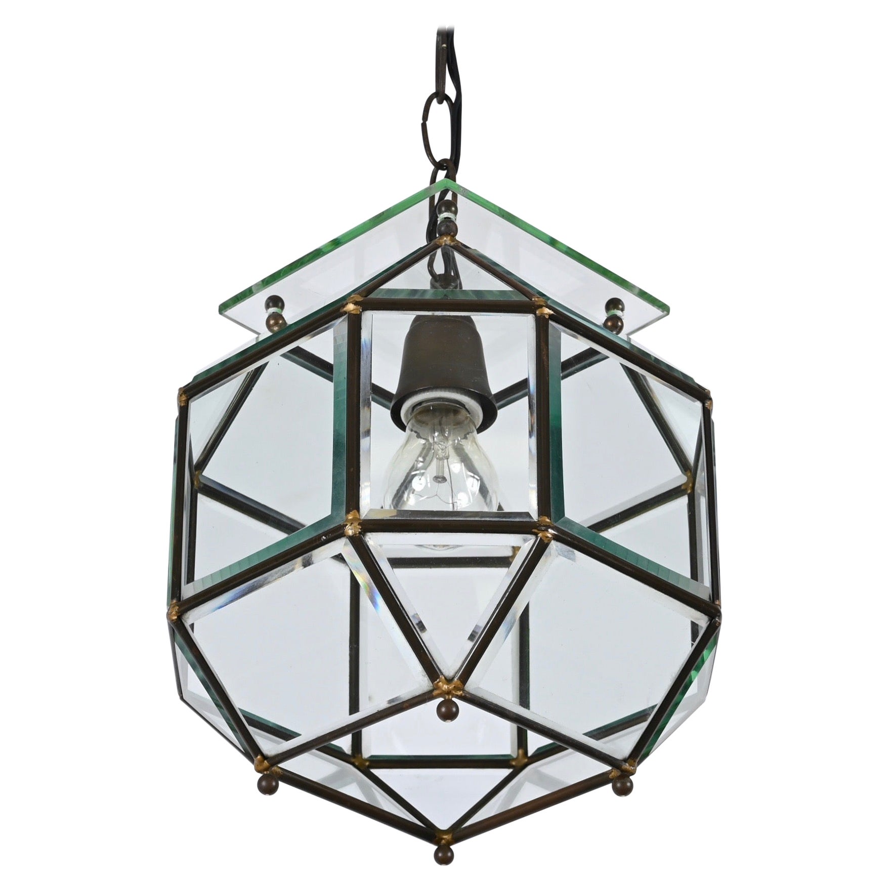Lampada a sospensione italiana in vetro smussato e ottone, stile Fontana Arte, anni '50