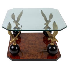 Beveled Glass Burr Walnut Eagles Sculptures Coffee Table