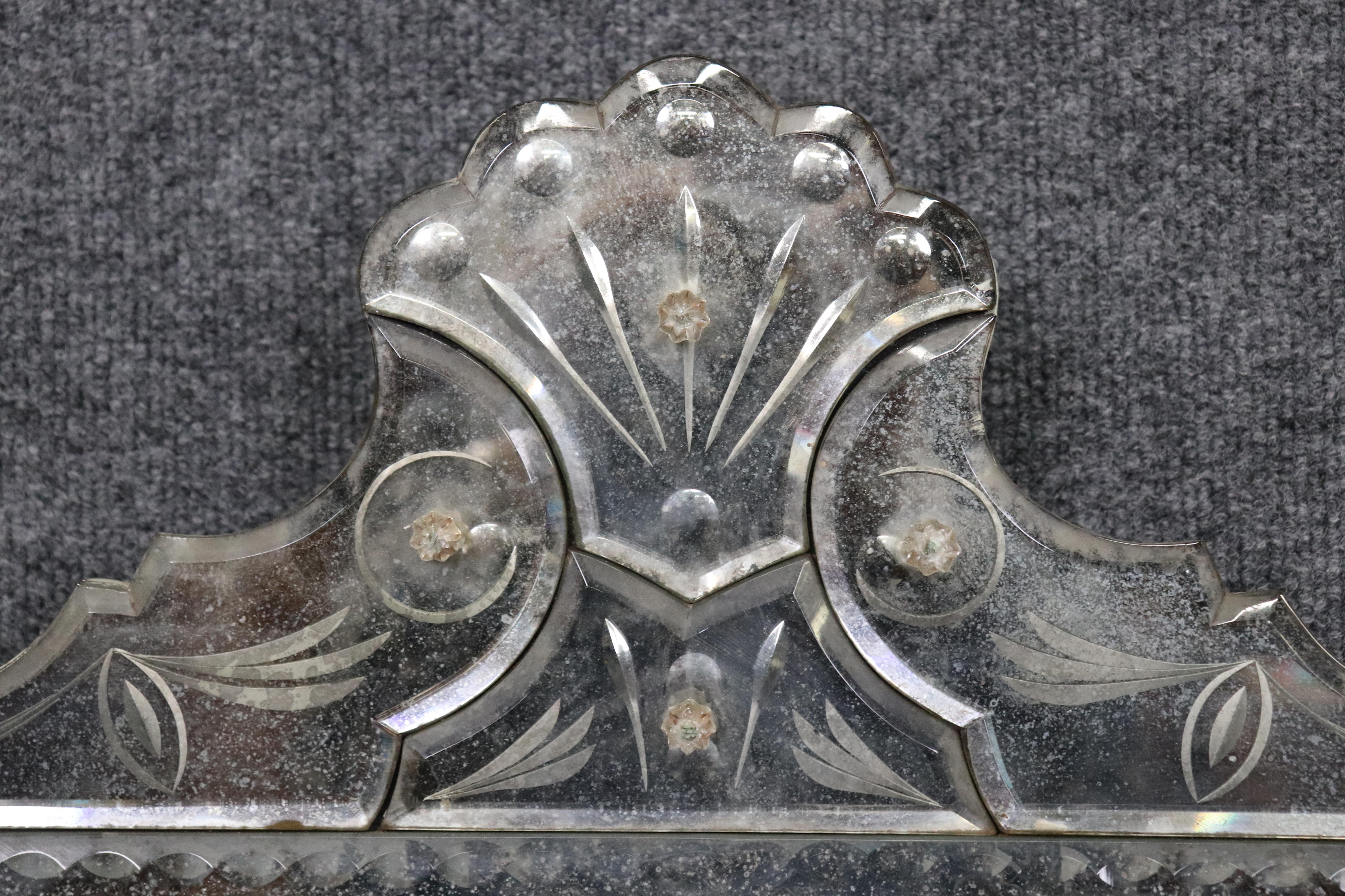 Mid-20th Century Beveled Glass Patinated Antique Italian Venetian Wall Mirror Circa 1930 For Sale