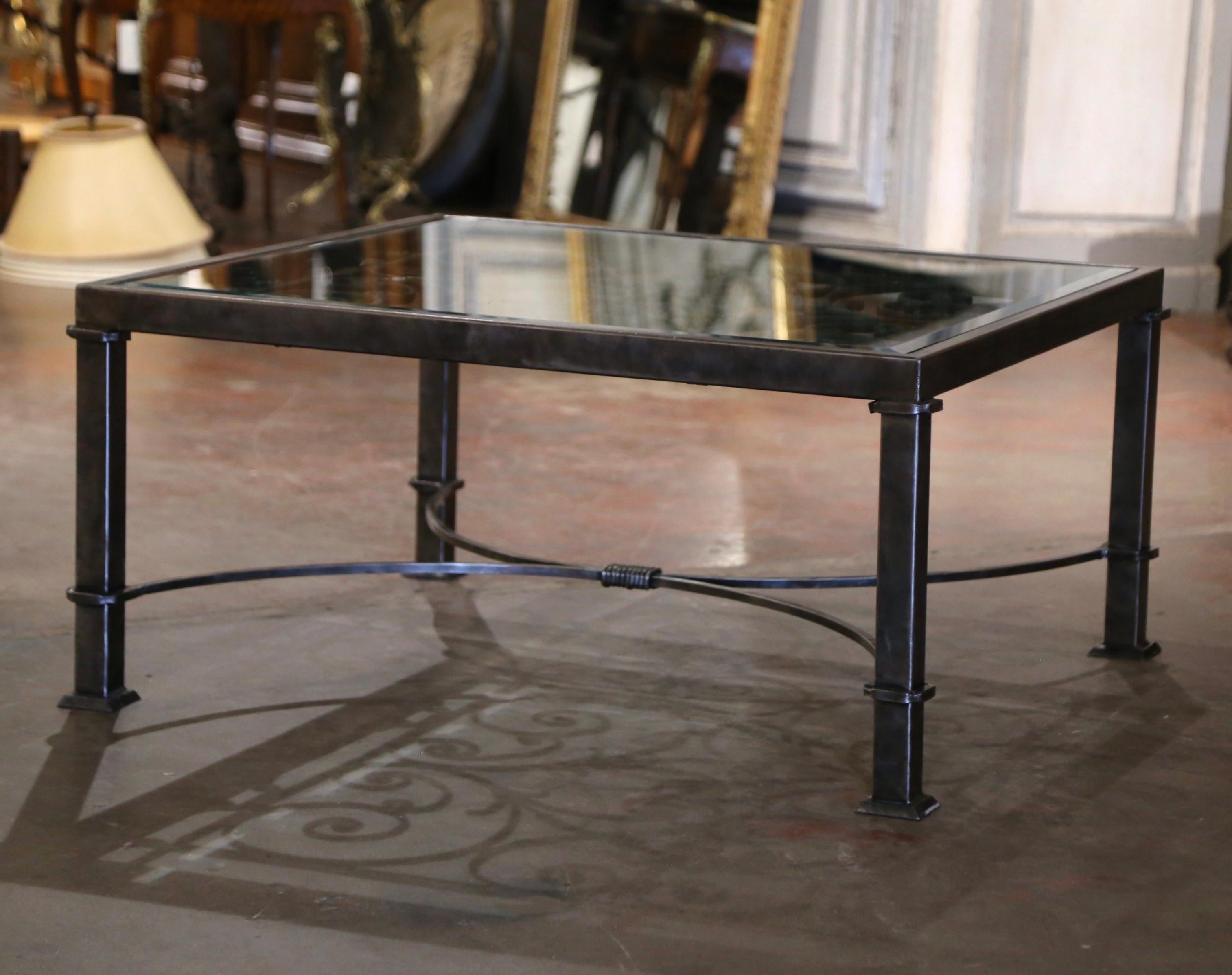French Beveled Glass Top Iron Coffee Table Built with Pair of 19th Century Balconies