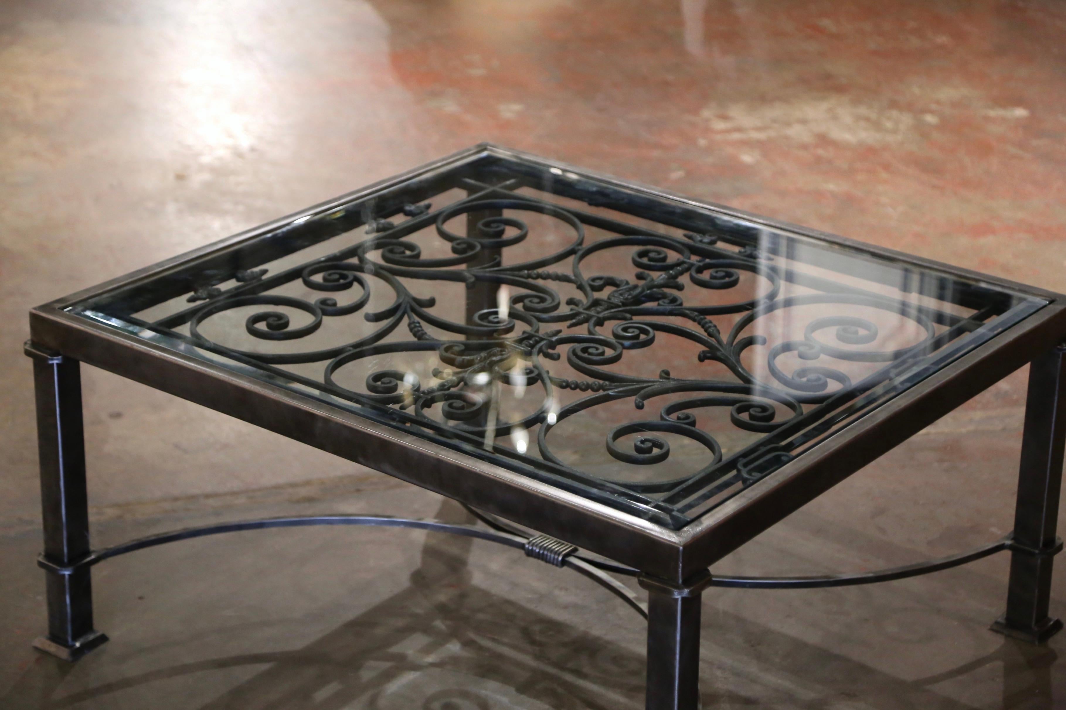 Polished Beveled Glass Top Iron Coffee Table Built with Pair of 19th Century Balconies