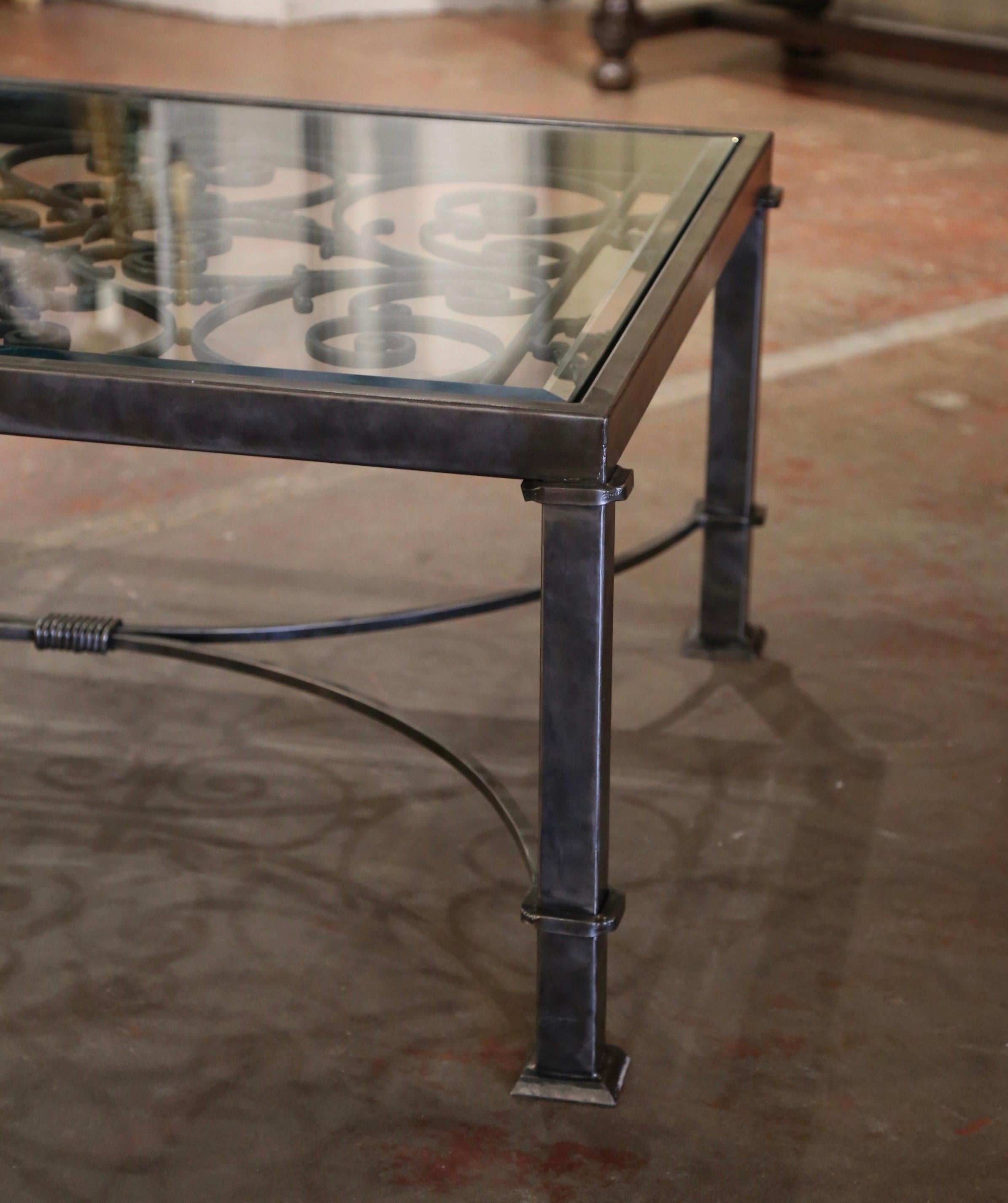 Beveled Glass Top Iron Coffee Table Built with Pair of 19th Century Balconies In Good Condition In Dallas, TX