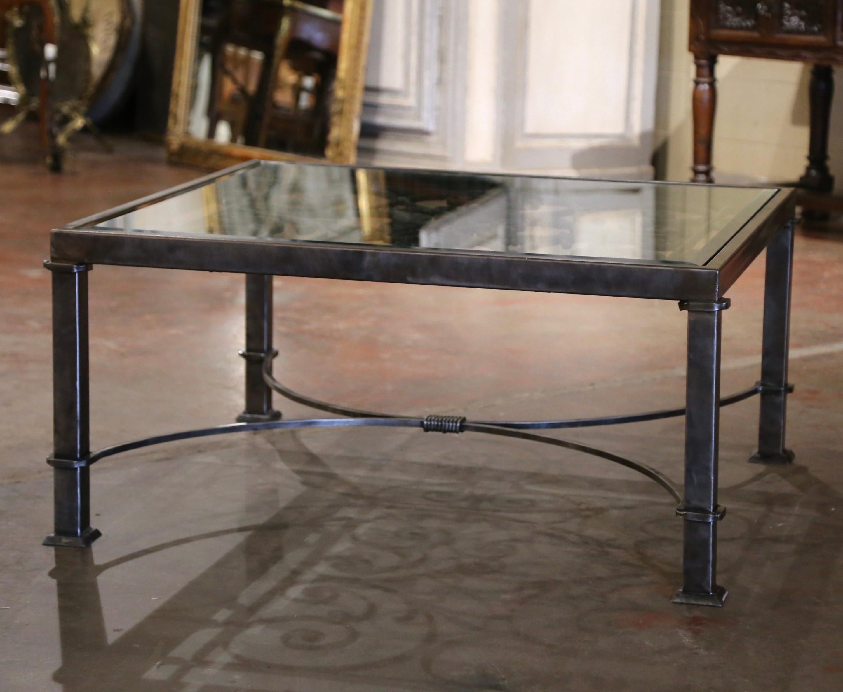 Beveled Glass Top Iron Coffee Table Built with Pair of 19th Century Balconies 1