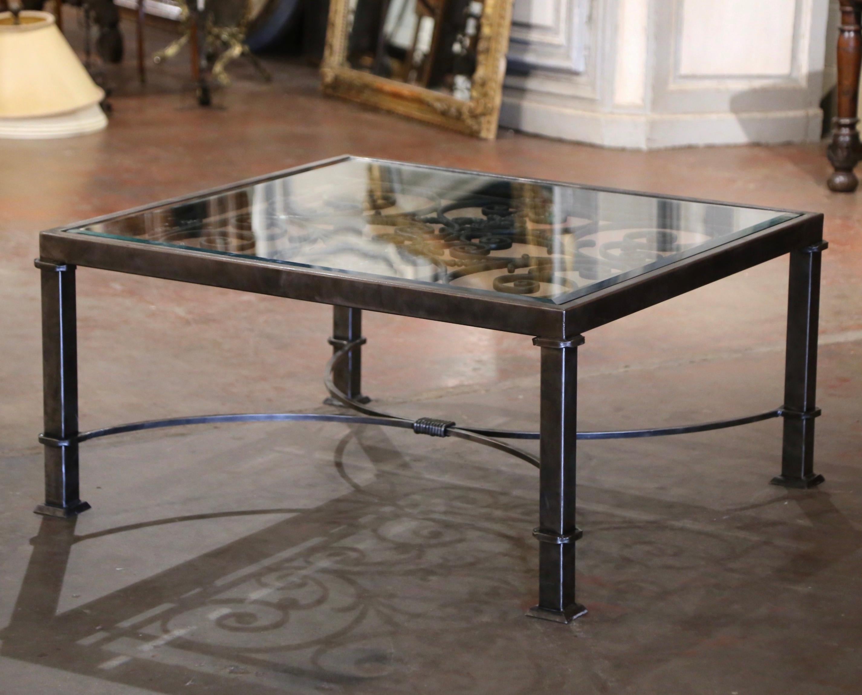 Beveled Glass Top Iron Coffee Table Built with Pair of 19th Century Balconies 3