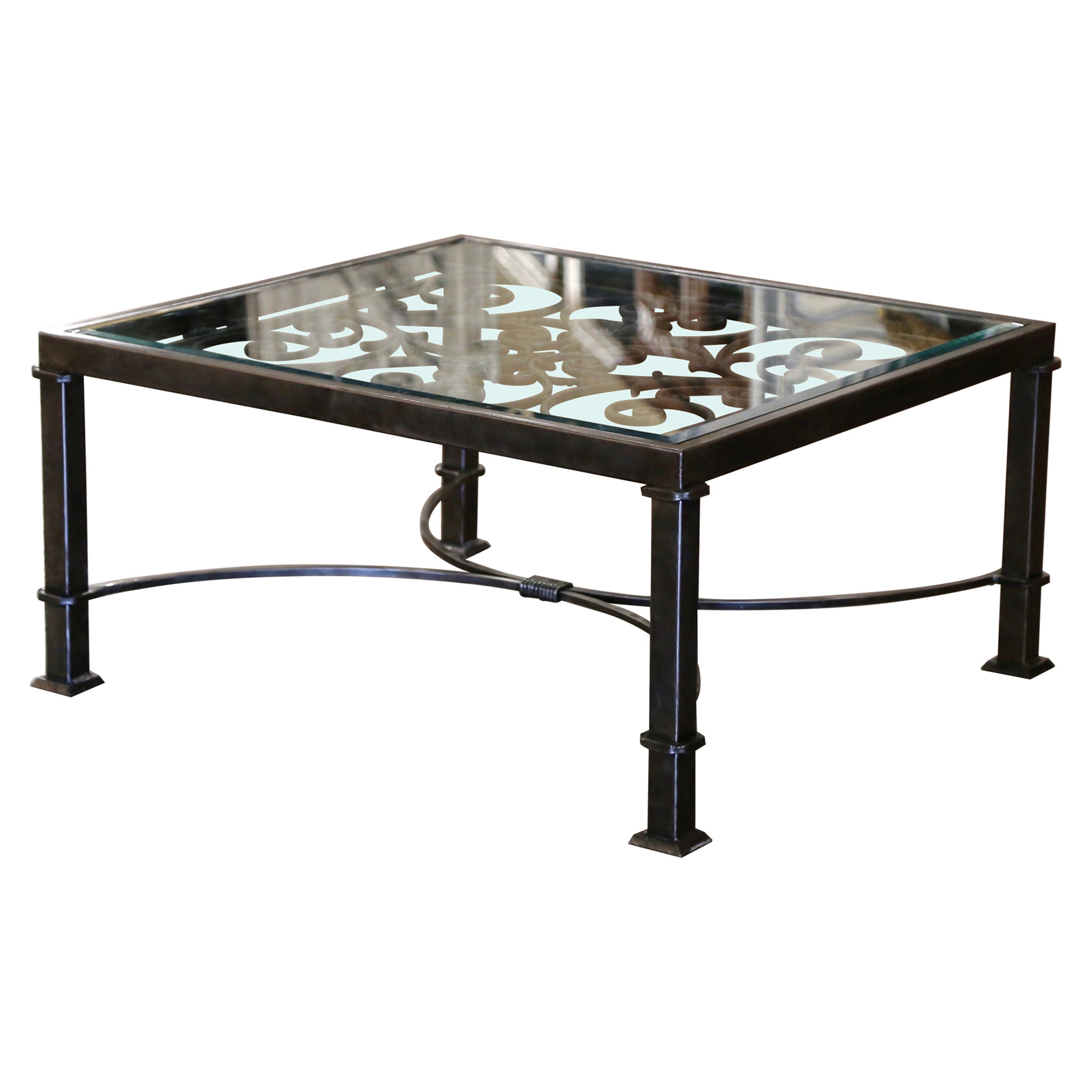 Beveled Glass Top Iron Coffee Table Built with Pair of 19th Century Balconies