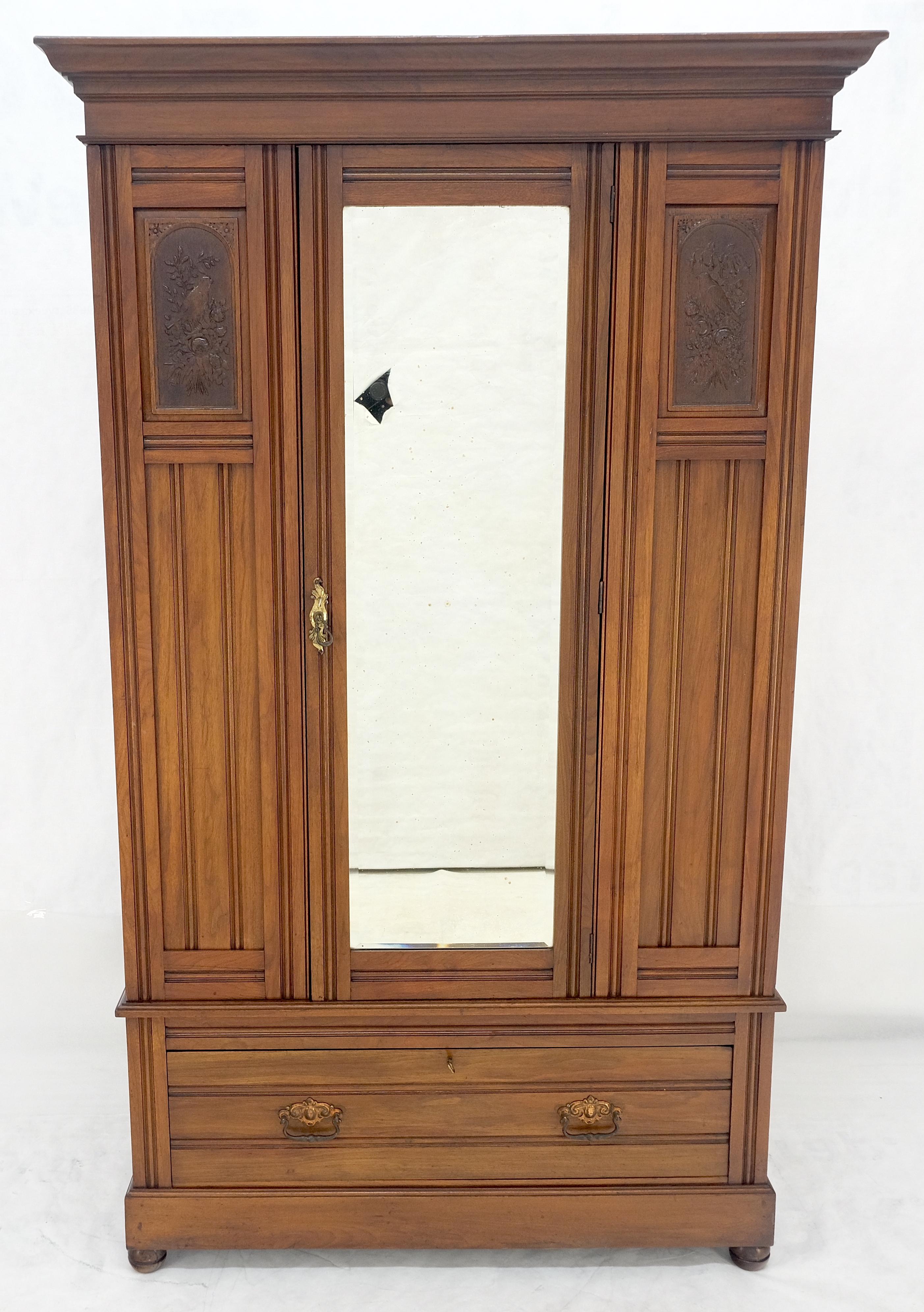 Beveled Mirror Door Fine Carved Plaques Bottom Drawer Victorian Walnut Wardrobe 5