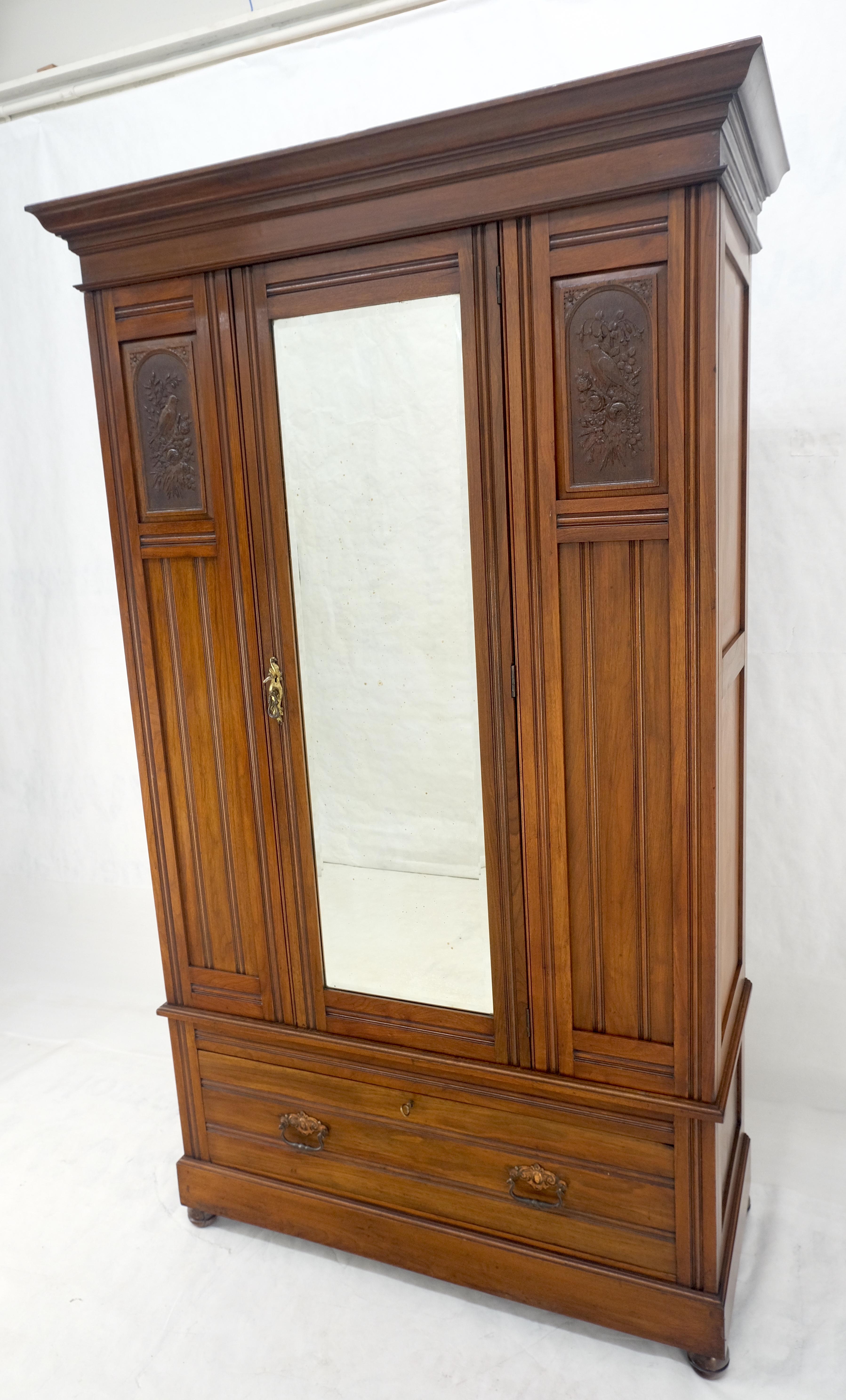 Beveled Mirror Door Fine Carved Plaques Bottom Drawer Victorian Walnut Wardrobe 7