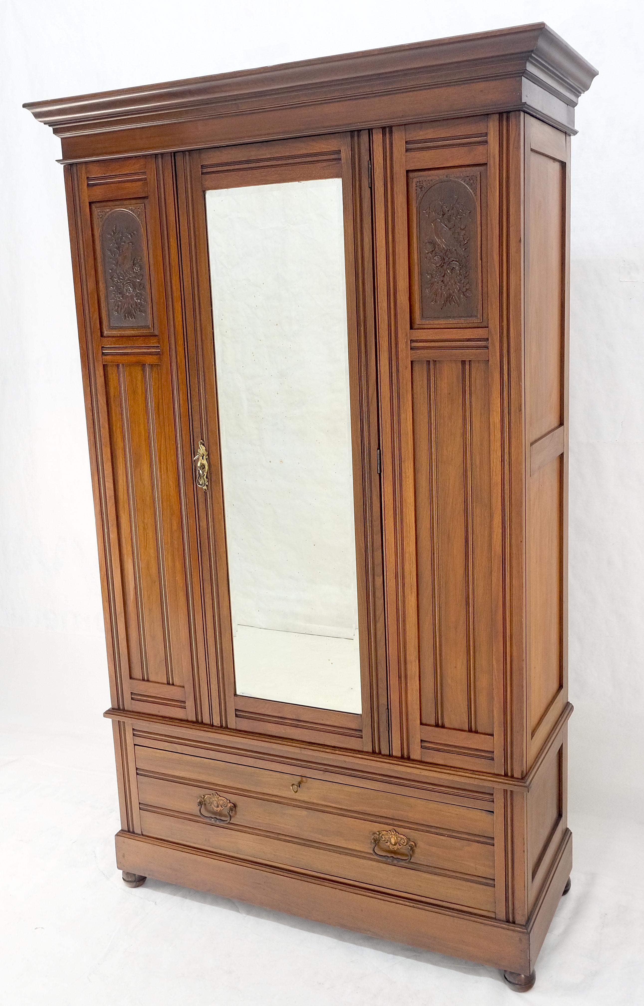 Beveled Mirror Door Fine Carved Plaques Bottom Drawer Victorian Walnut Wardrobe 8