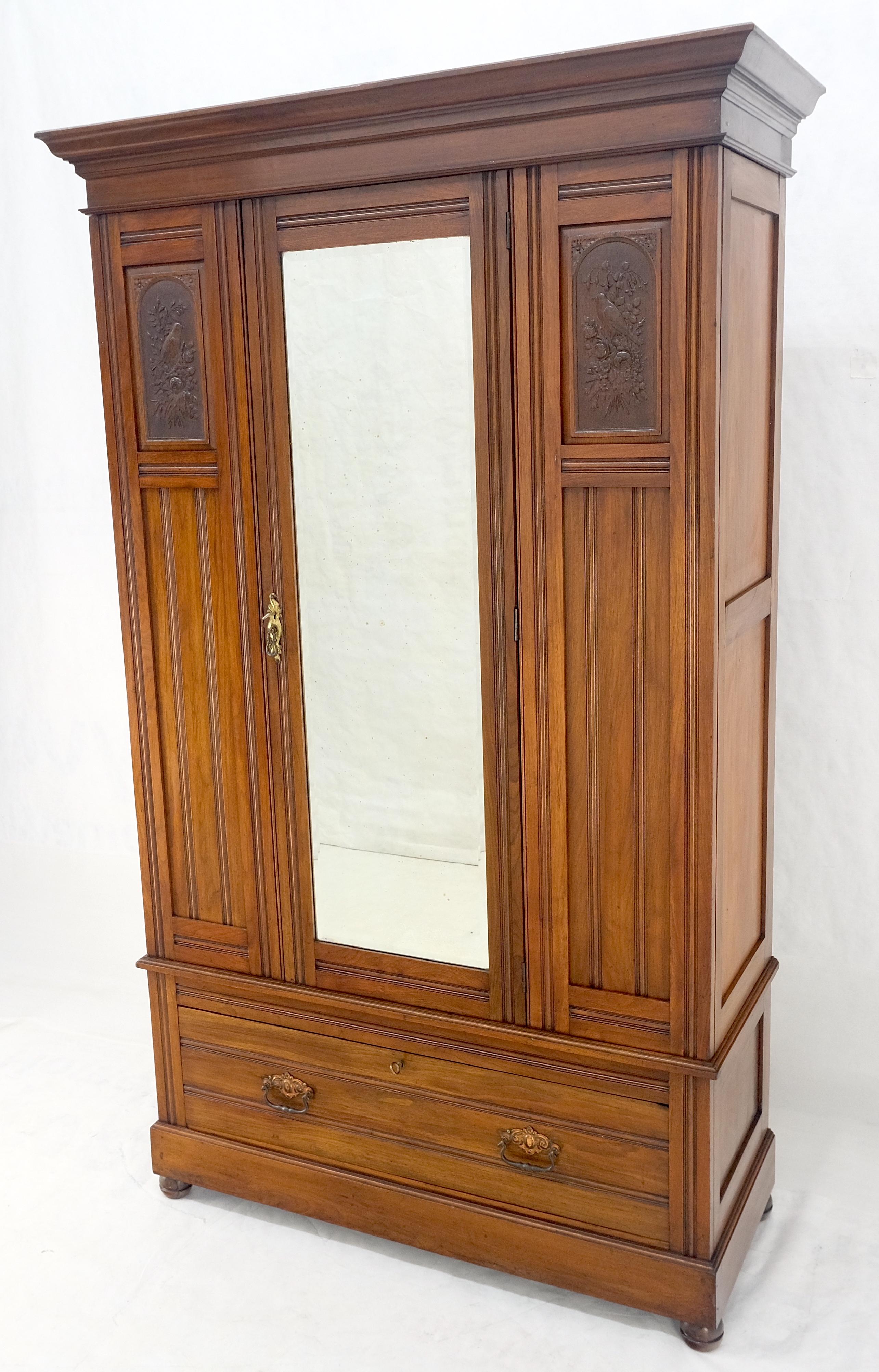 Beveled Mirror Door Fine Carved Plaques Bottom Drawer Victorian Walnut Wardrobe 9