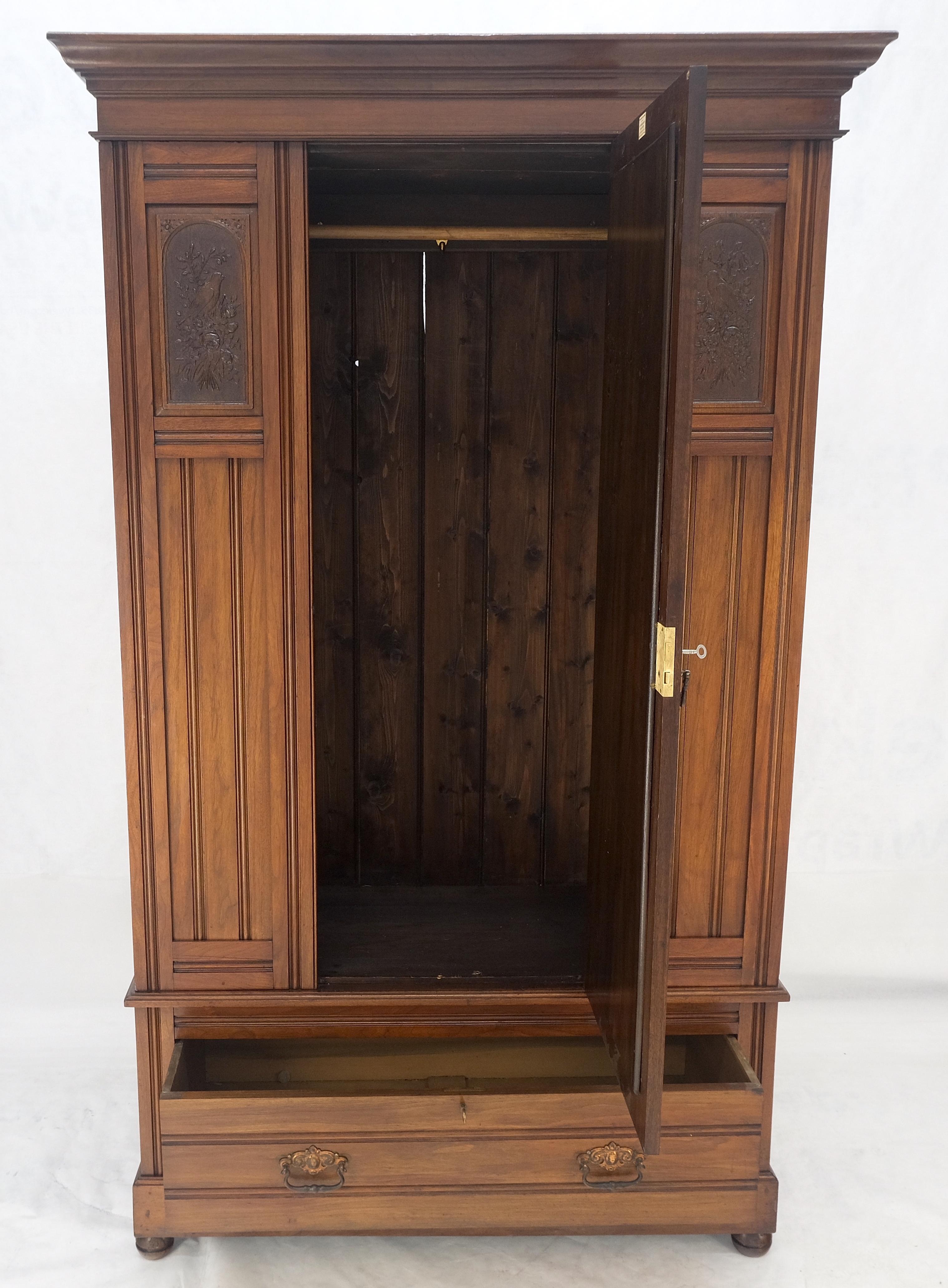 American Beveled Mirror Door Fine Carved Plaques Bottom Drawer Victorian Walnut Wardrobe