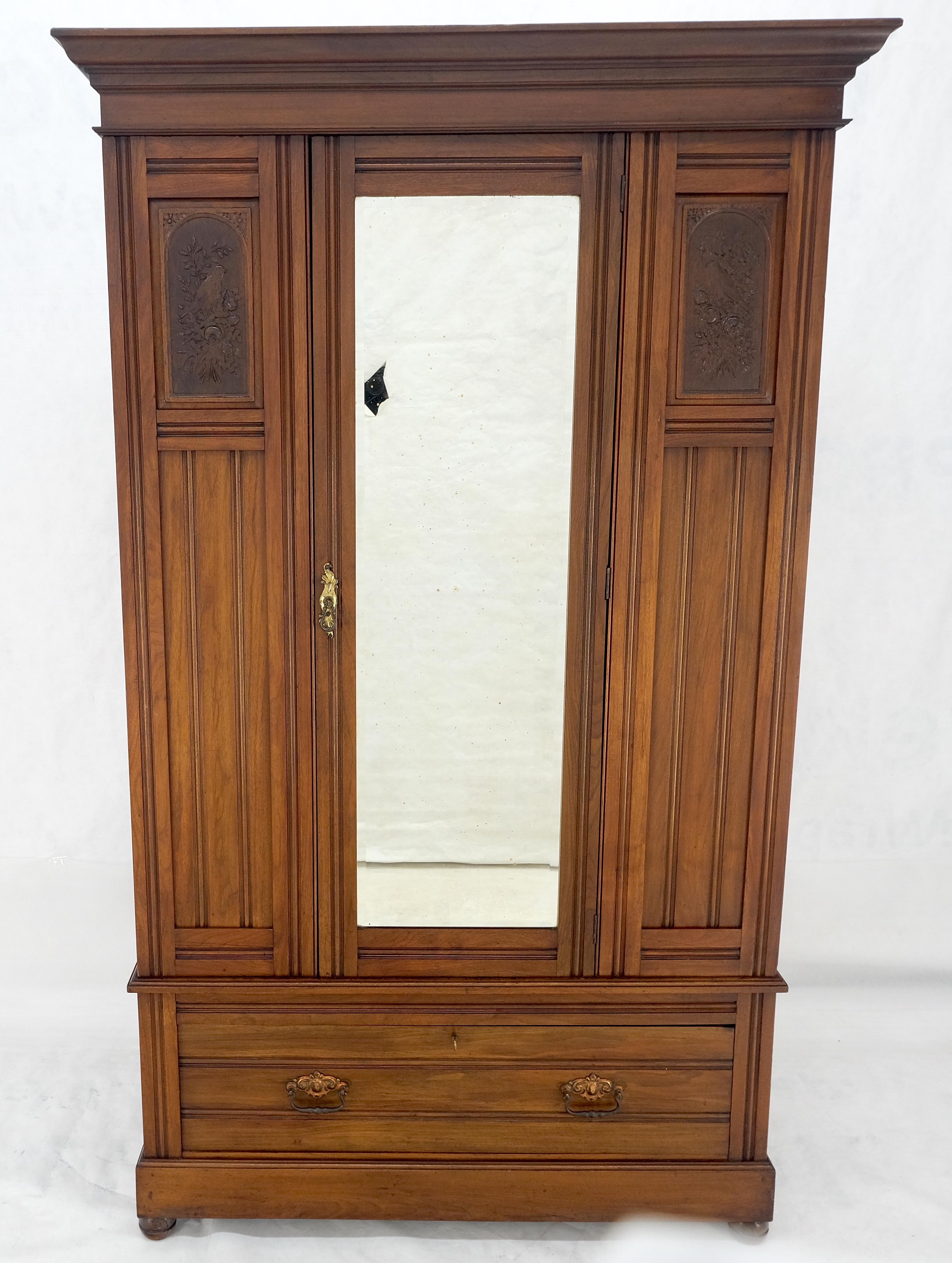 19th Century Beveled Mirror Door Fine Carved Plaques Bottom Drawer Victorian Walnut Wardrobe