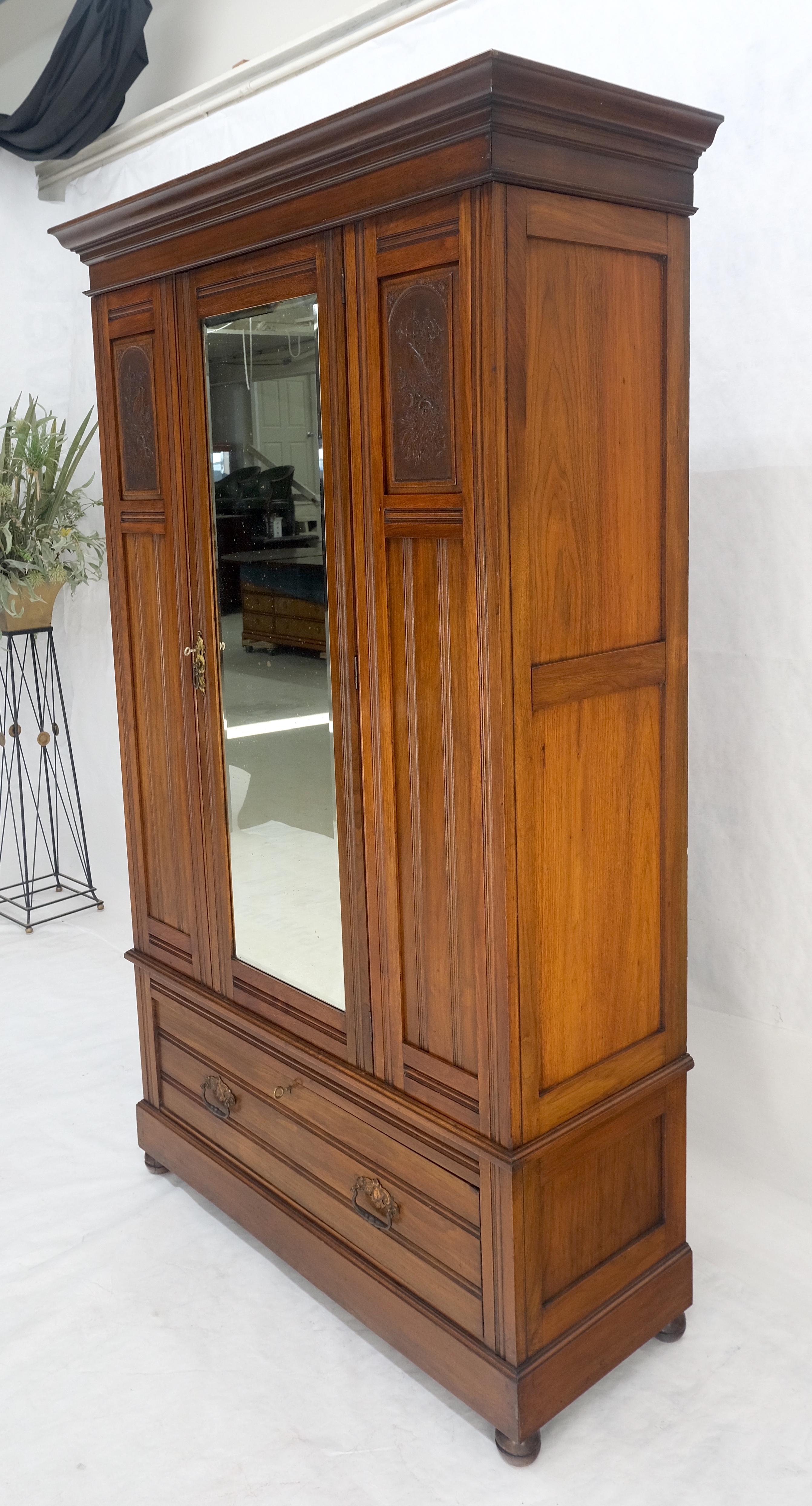 Brass Beveled Mirror Door Fine Carved Plaques Bottom Drawer Victorian Walnut Wardrobe