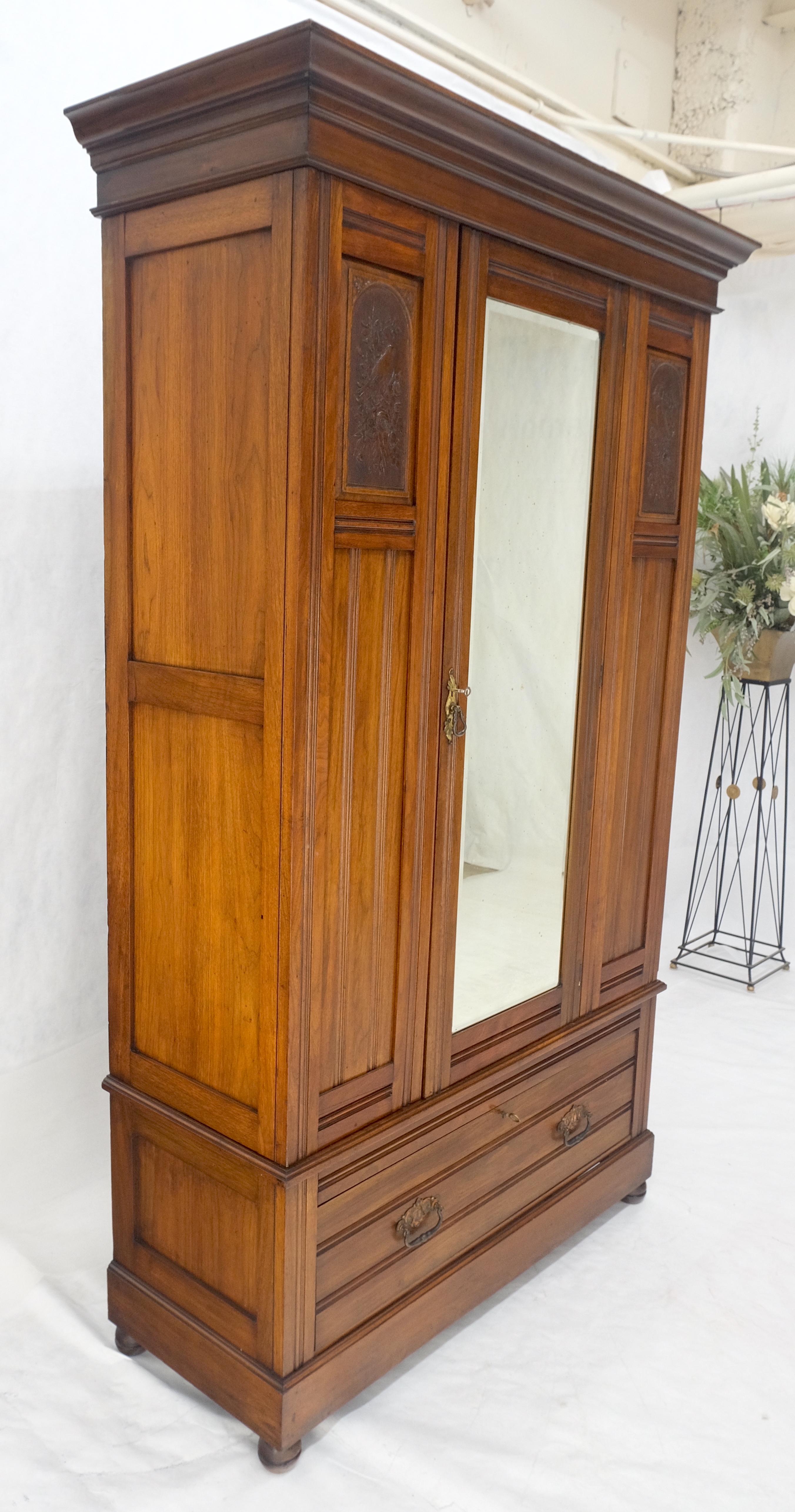 Beveled Mirror Door Fine Carved Plaques Bottom Drawer Victorian Walnut Wardrobe 3