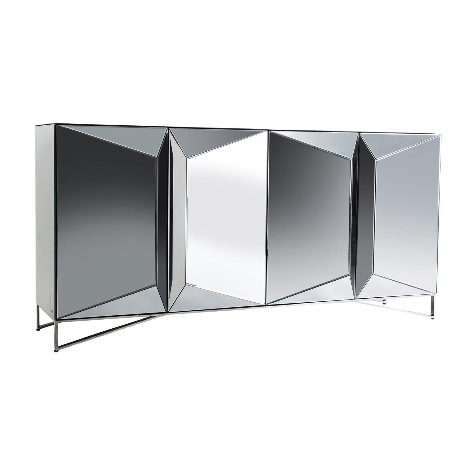 Beveled Mirrored and Chrome Graphic Design Sideboard