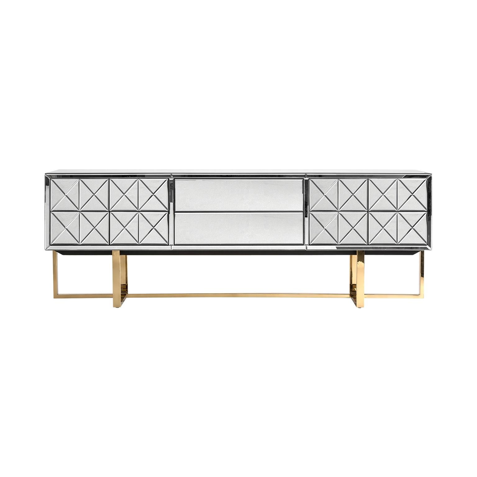 European Beveled Mirrored and Gold Metal Feet Sideboard