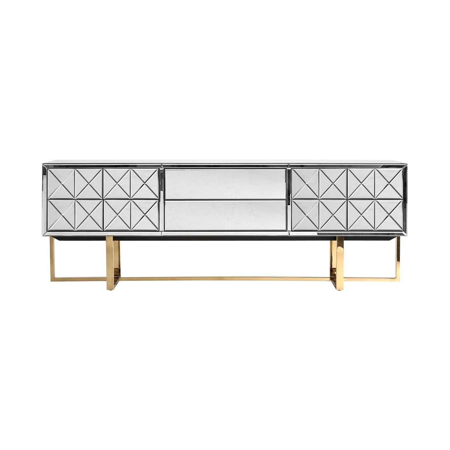 Beveled Mirrored and Gold Metal Feet Sideboard