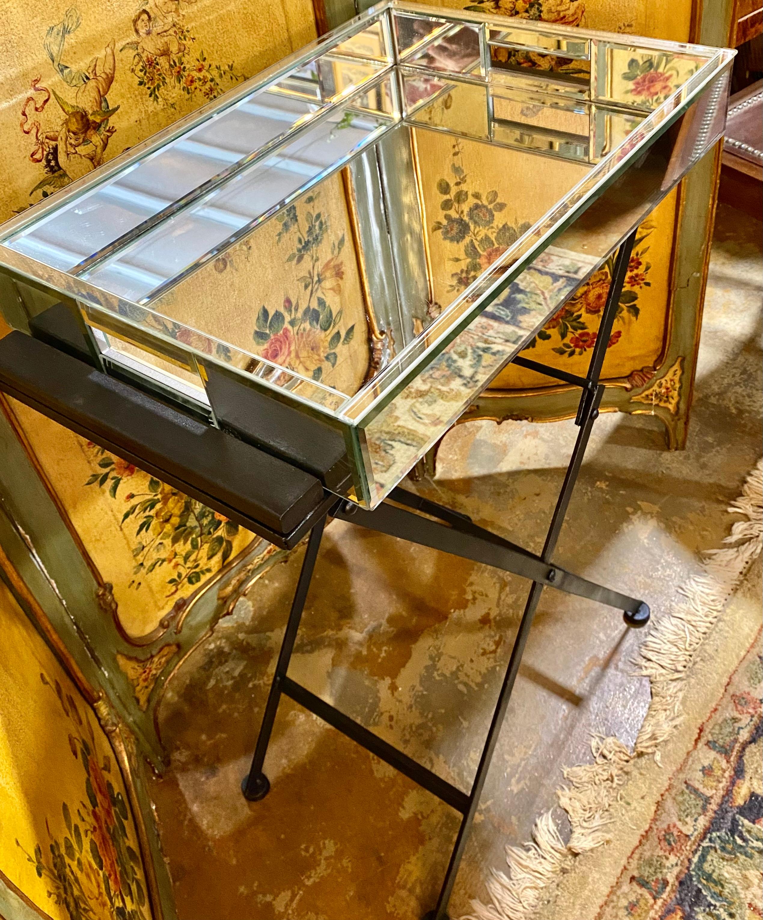 Beveled Mirrored Drinks Tray On Folding Iron Stand For Sale 4