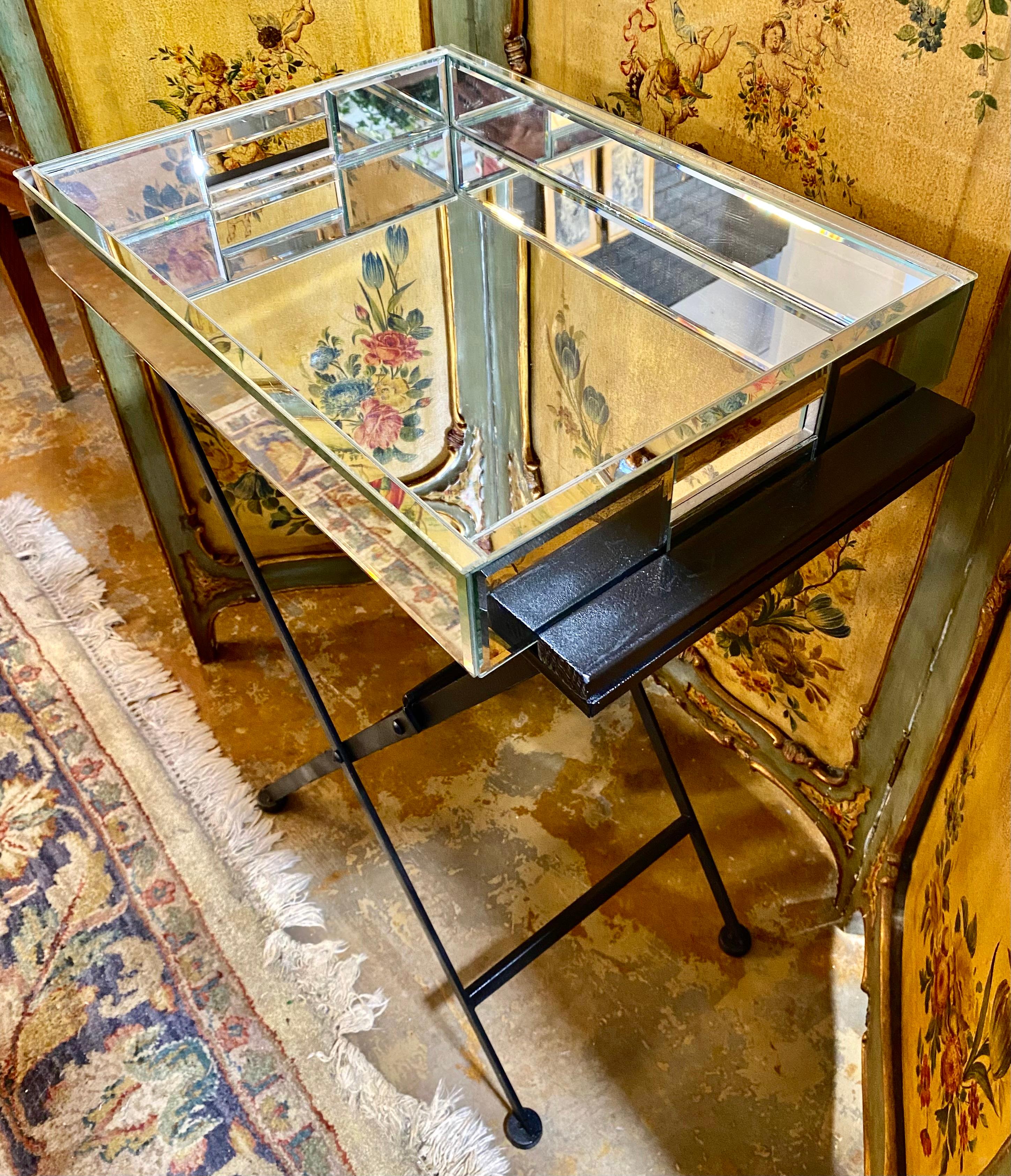 Beveled Mirrored Drinks Tray On Folding Iron Stand For Sale 5
