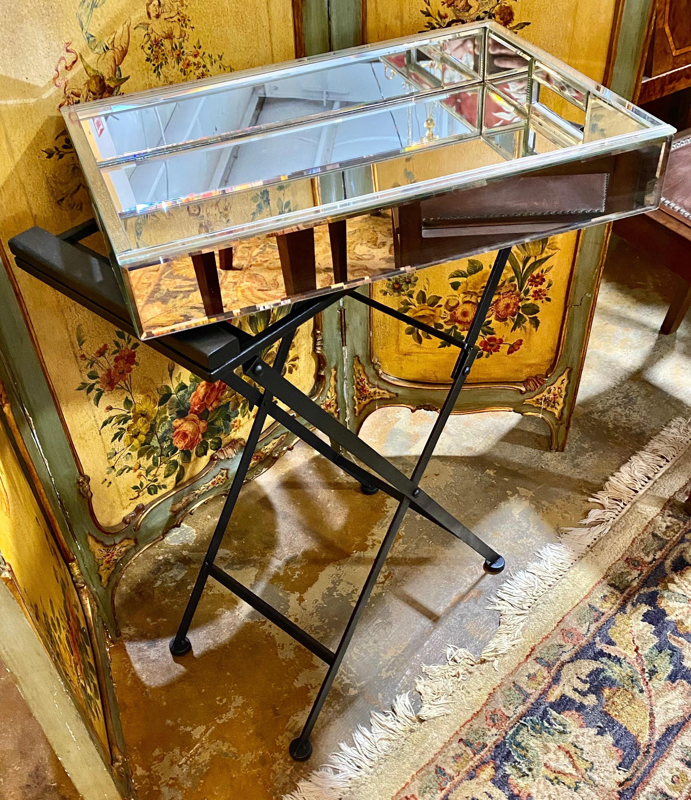 Beveled Mirrored Drinks Tray On Folding Iron Stand For Sale 9