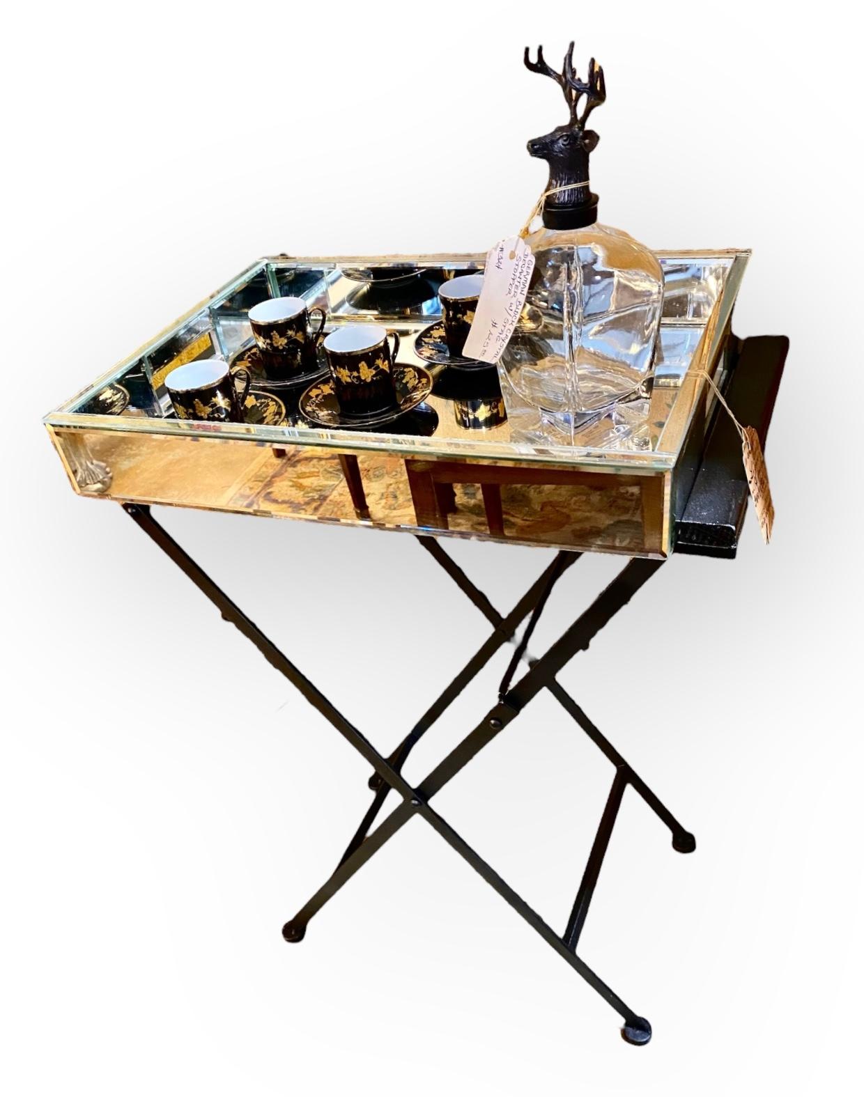 Beveled Mirrored Drinks Tray On Folding Iron Stand In Good Condition For Sale In New Orleans, LA