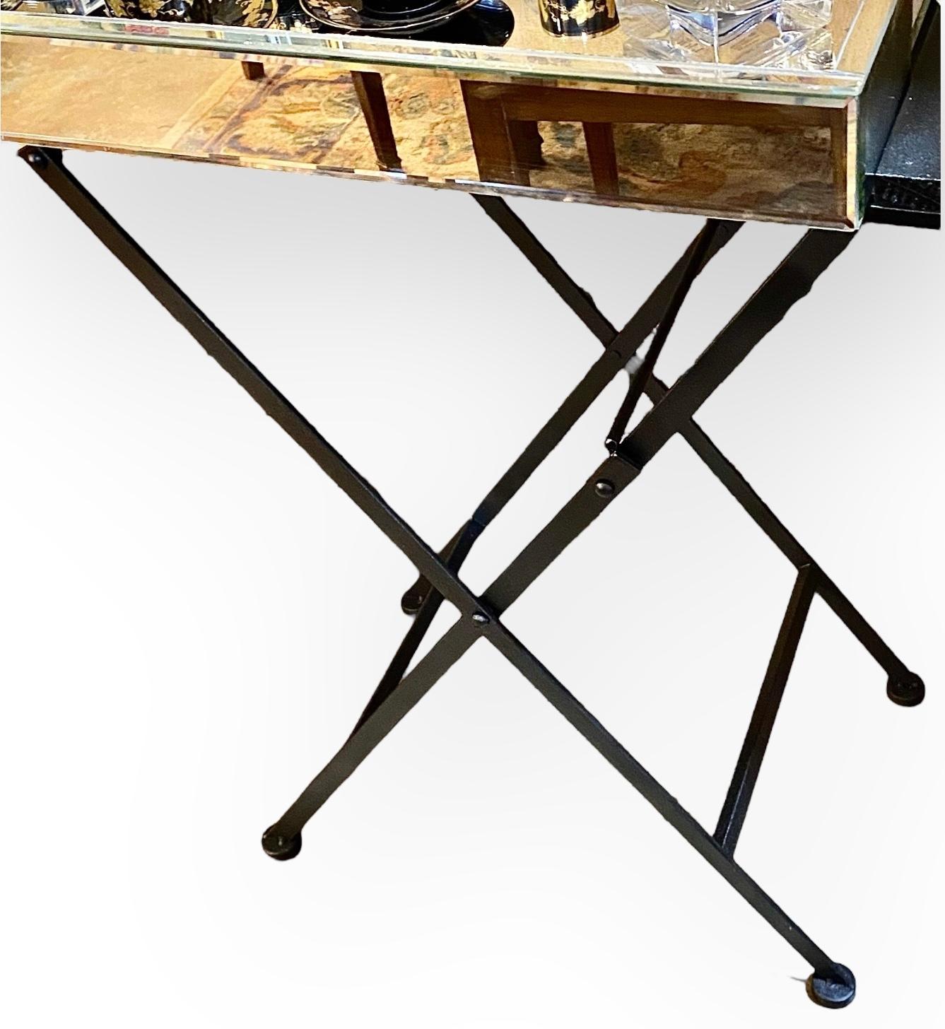 Late 20th Century Beveled Mirrored Drinks Tray On Folding Iron Stand For Sale