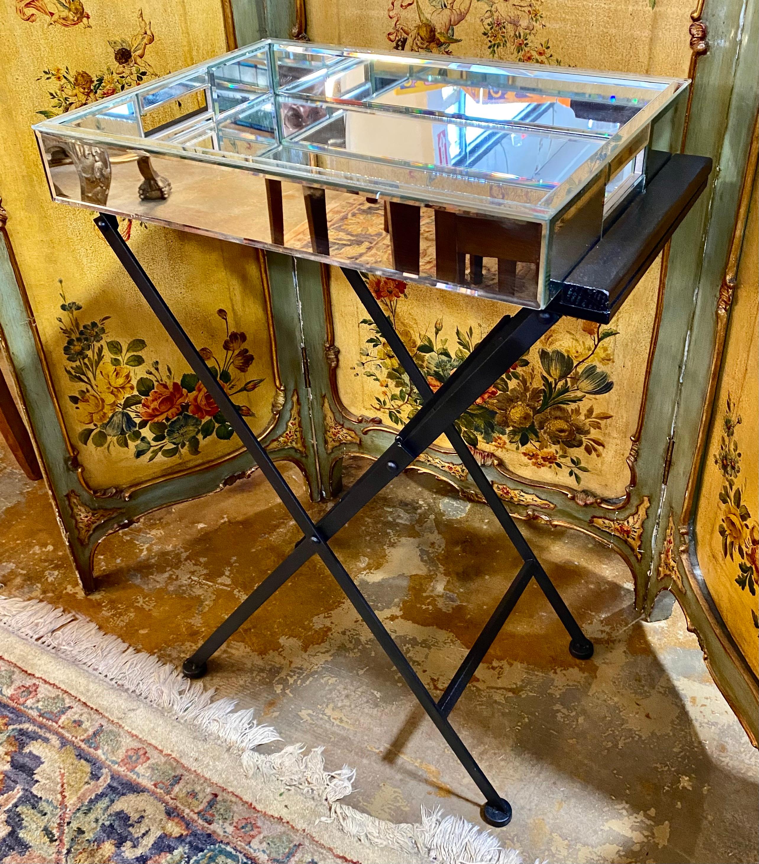 Beveled Mirrored Drinks Tray On Folding Iron Stand For Sale 2