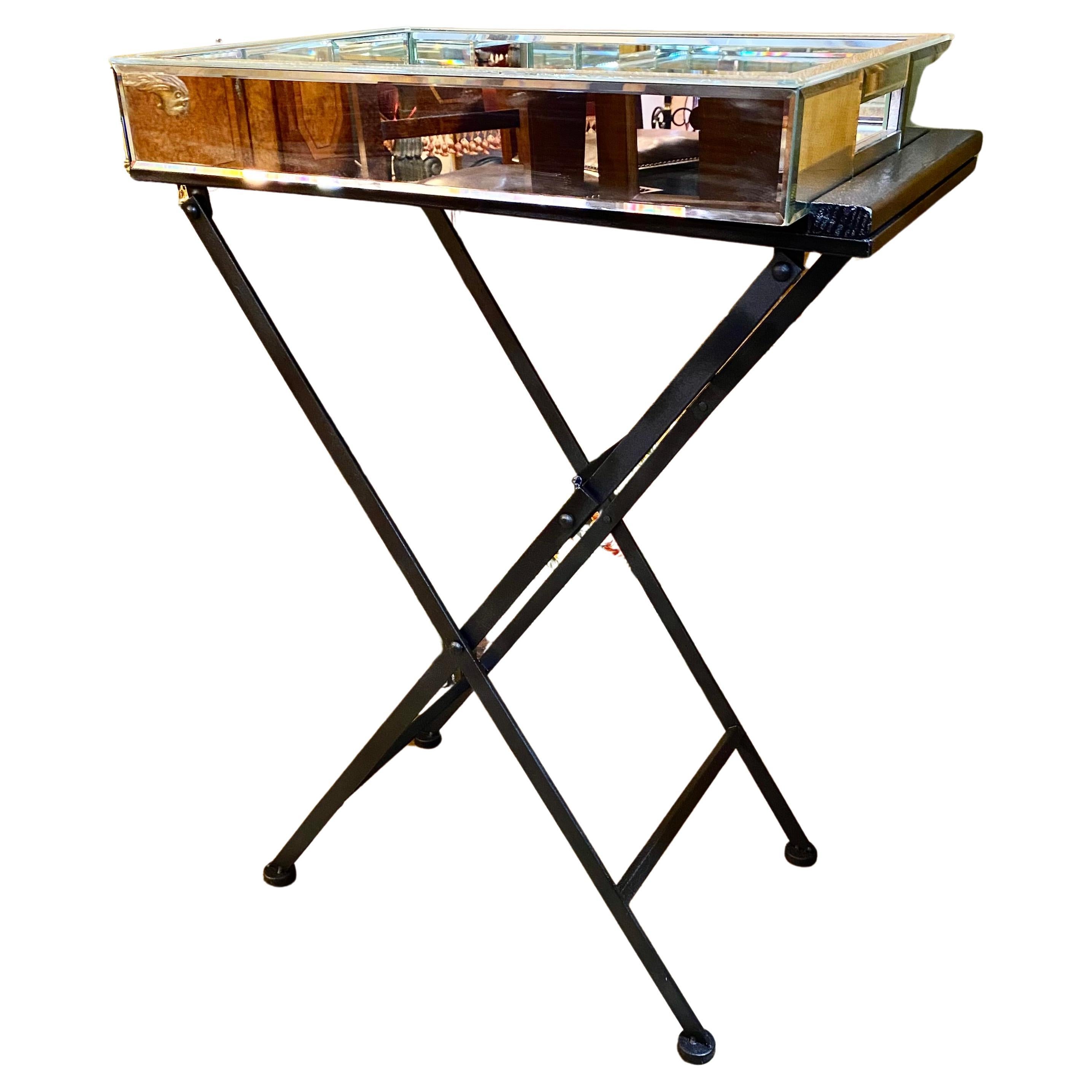 Beveled Mirrored Drinks Tray On Folding Iron Stand For Sale