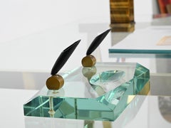 Beveled Nile Green Crystal and Brass Pen Holder by Fontana Arte, Italy, 1950s