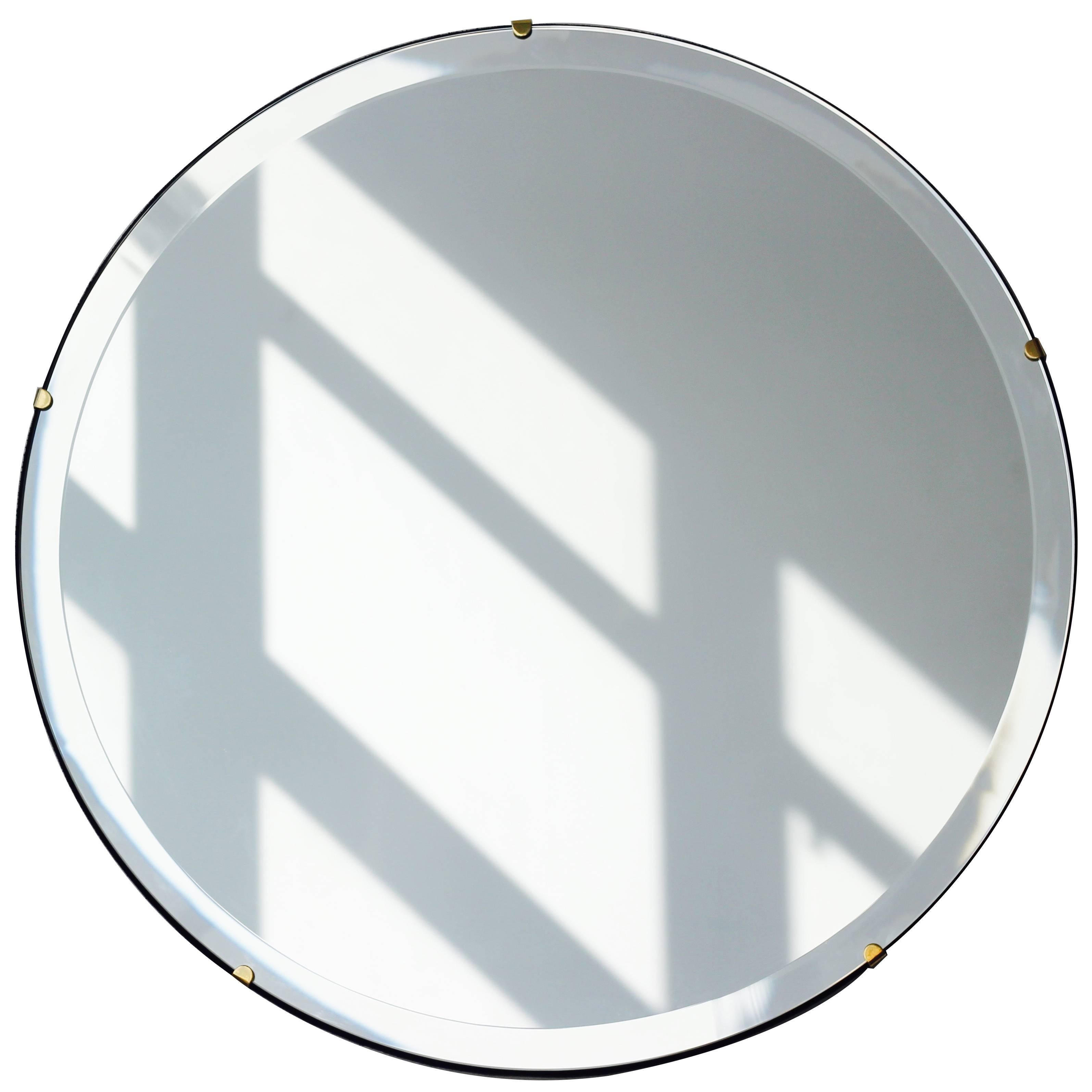 Orbis™ Round Bevelled Art Deco Frameless Mirror with Brass Clips, Small