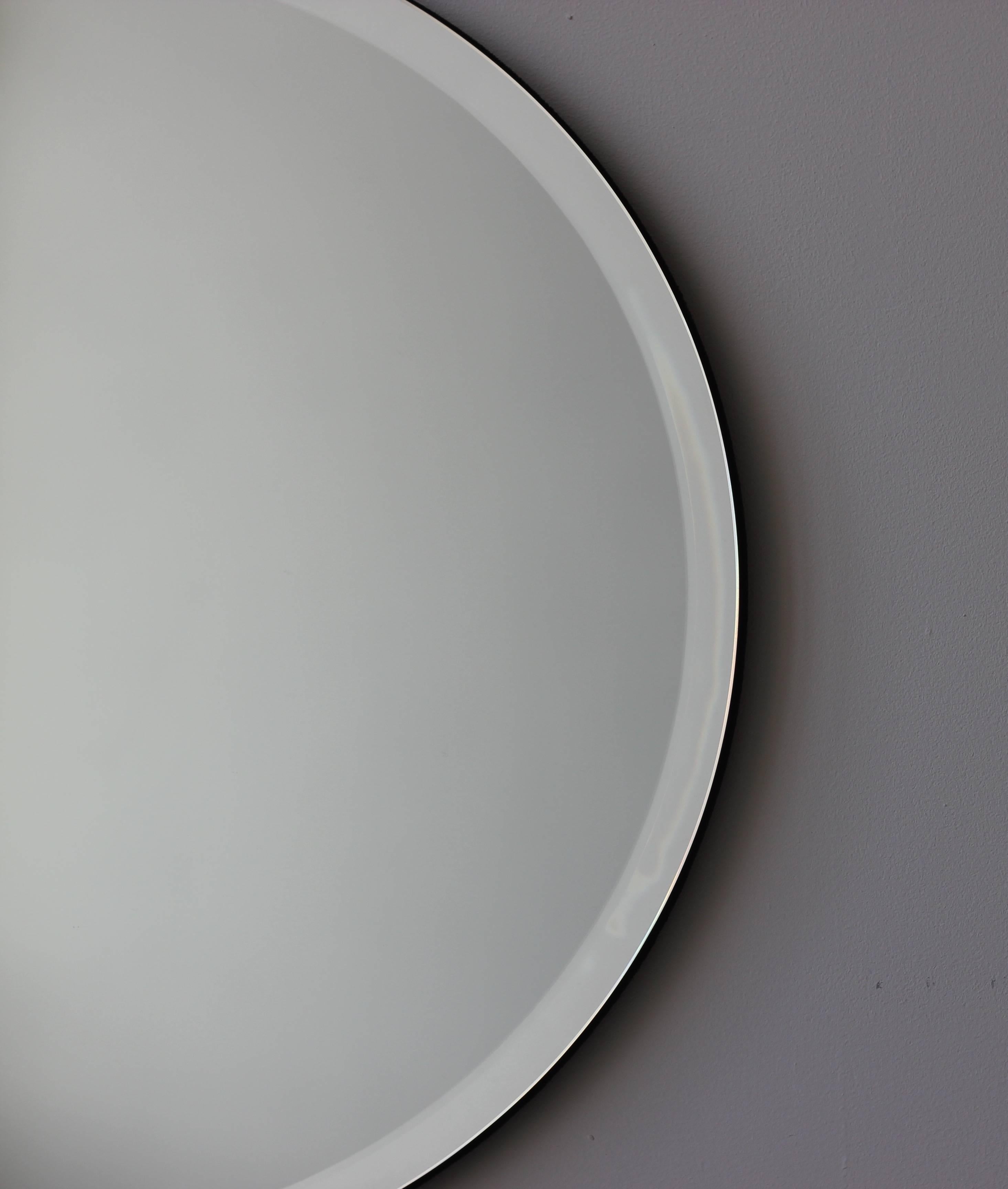 British Orbis Round Frameless Art Deco Mirror with Bevel and Velvet Backing, Small For Sale