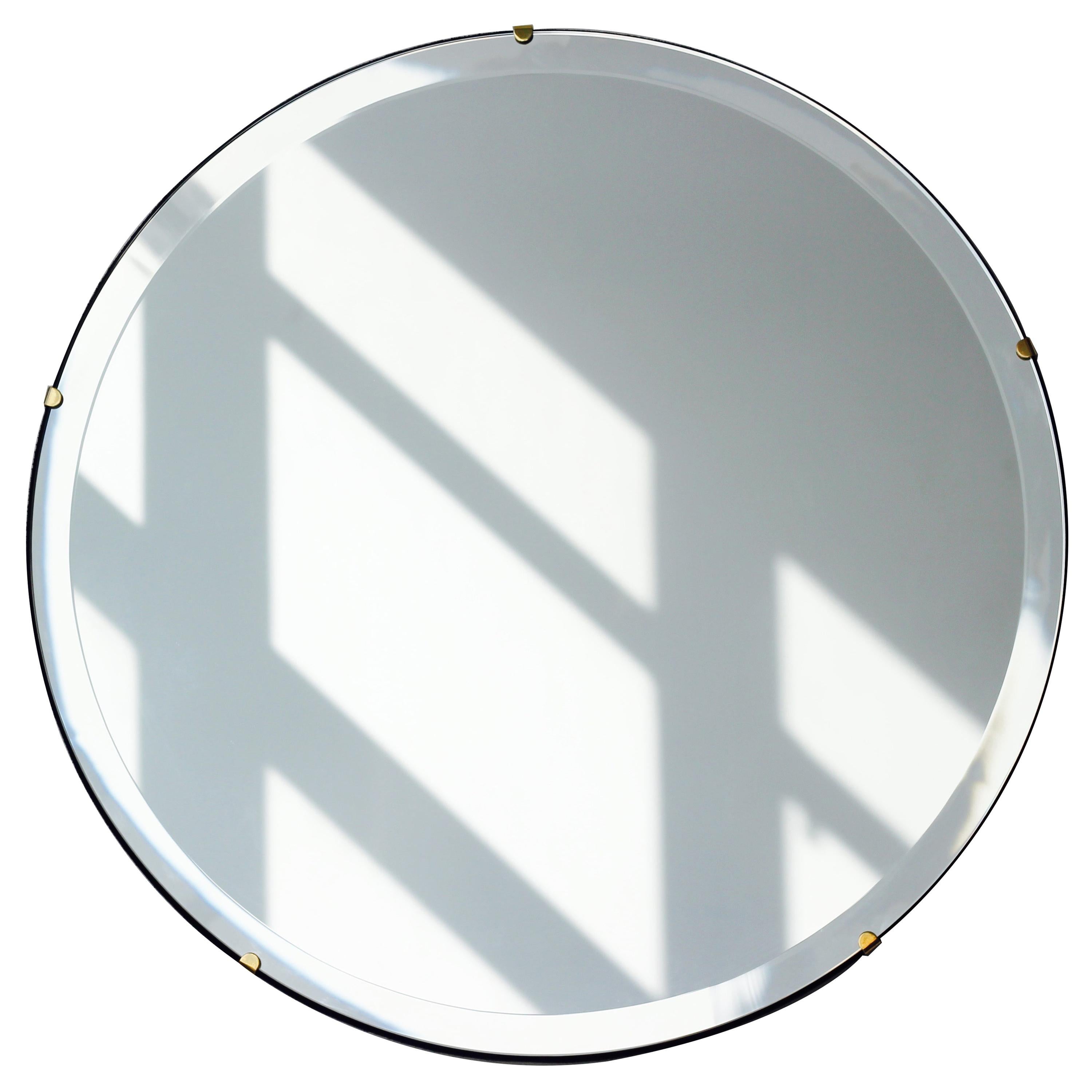 Orbis Round Frameless Bevelled Art Deco Mirror with Brass Clips, Small For Sale